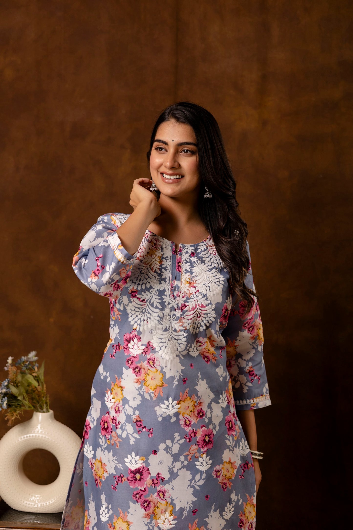 GREY cotton printed with chikanakri work kurti and plazo set