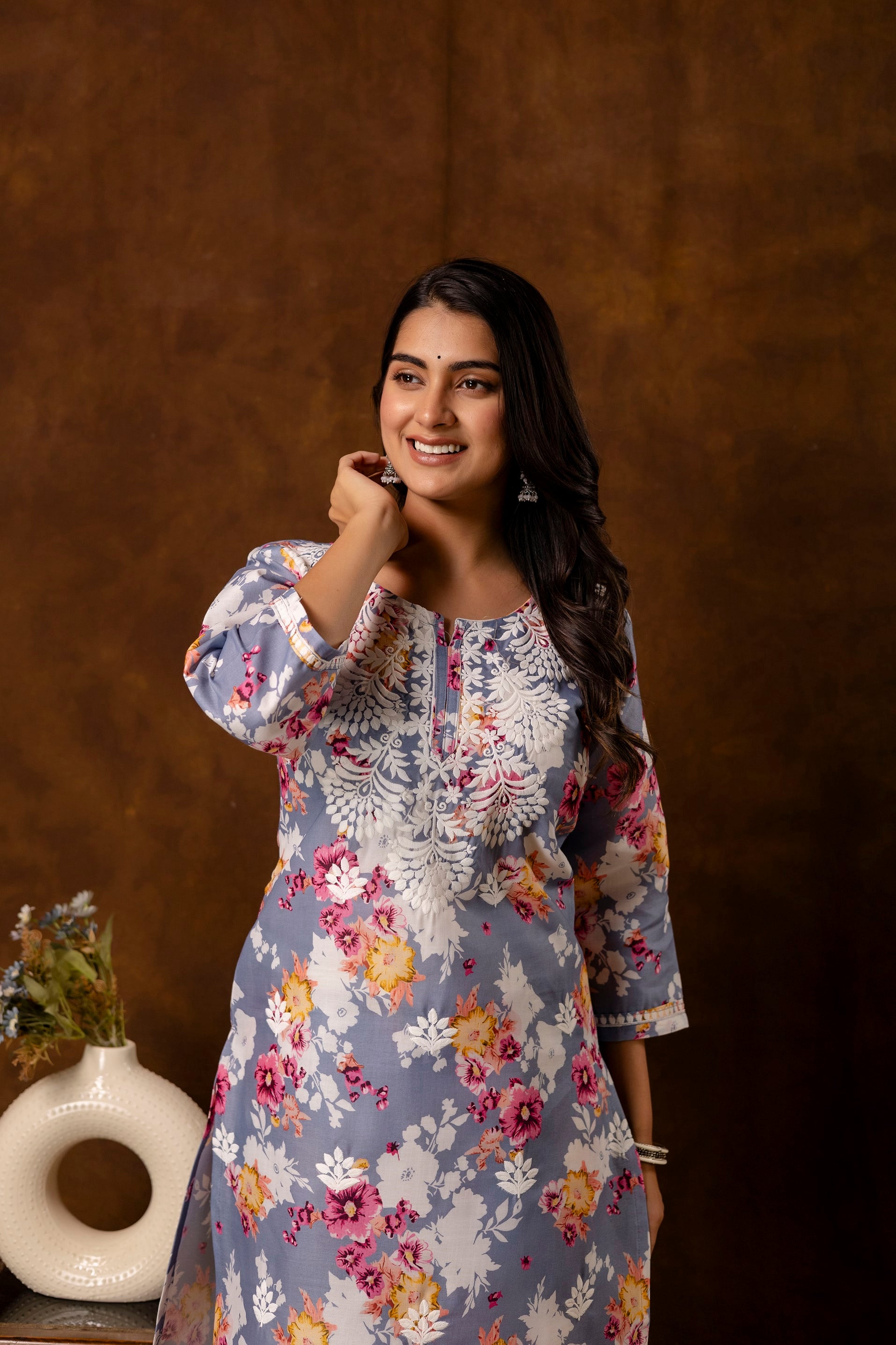 GREY cotton printed with chikanakri work kurti and plazo set