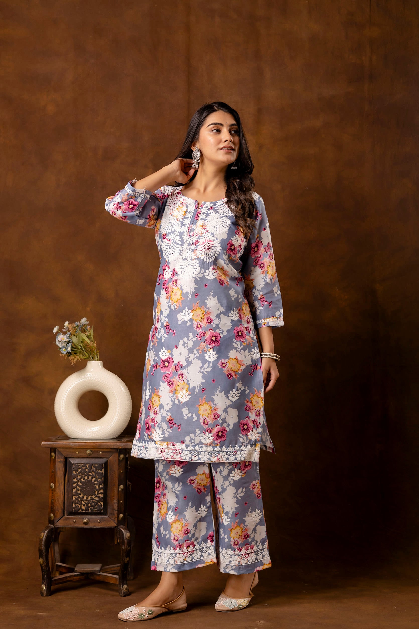 GREY cotton printed with chikanakri work kurti and plazo set