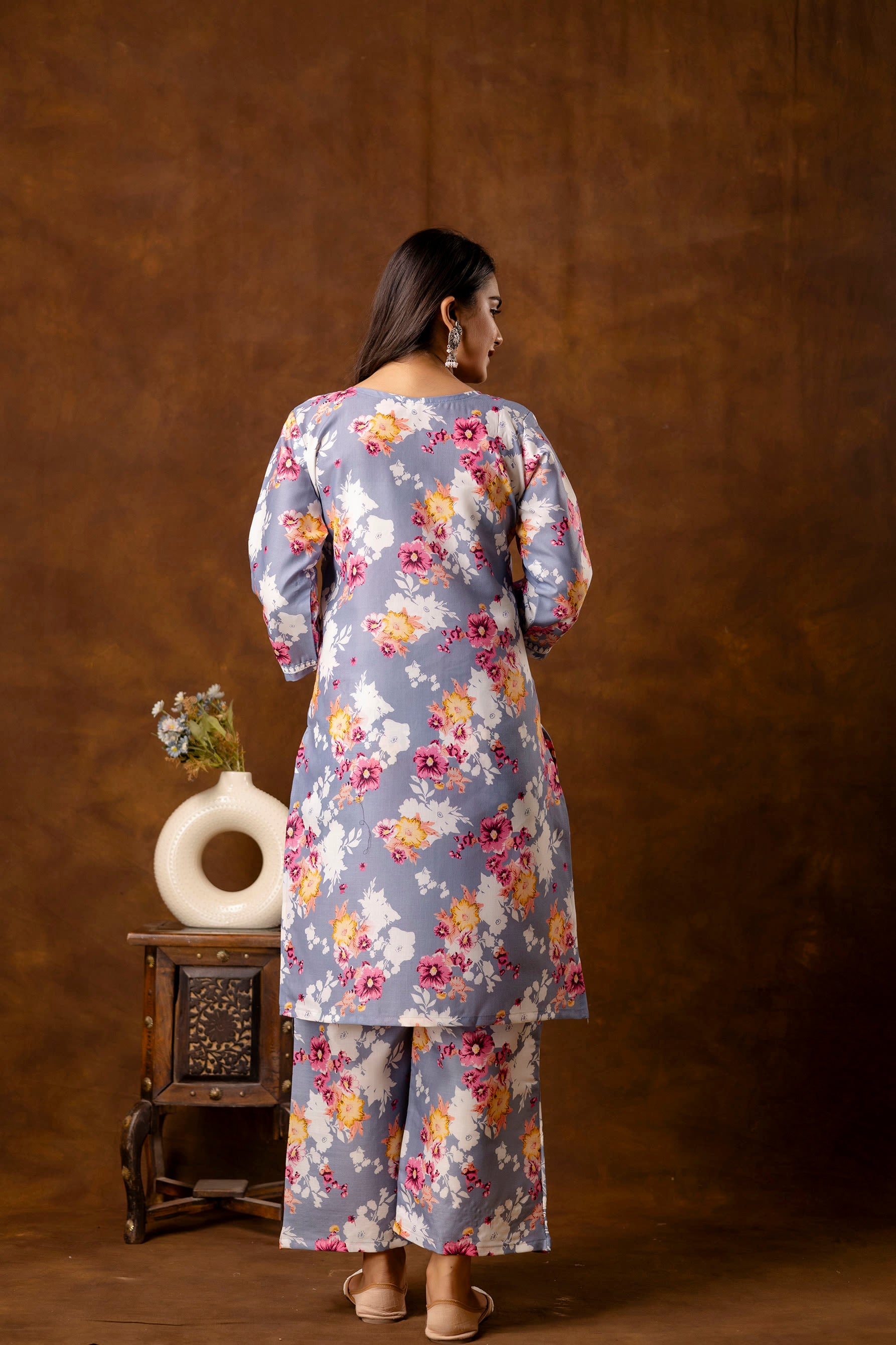 GREY cotton printed with chikanakri work kurti and plazo set