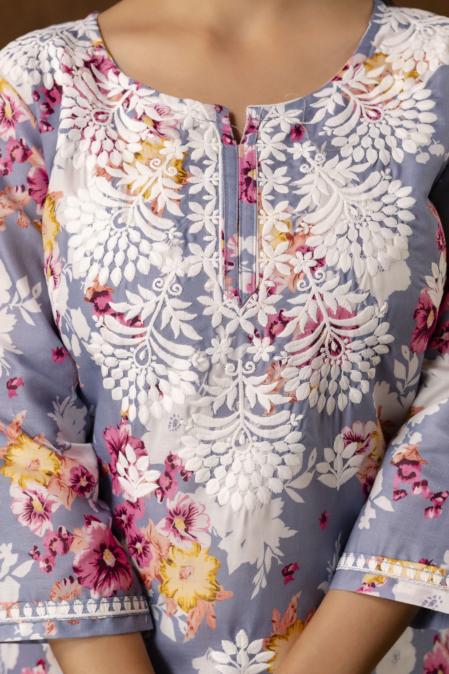 GREY cotton printed with chikanakri work kurti and plazo set