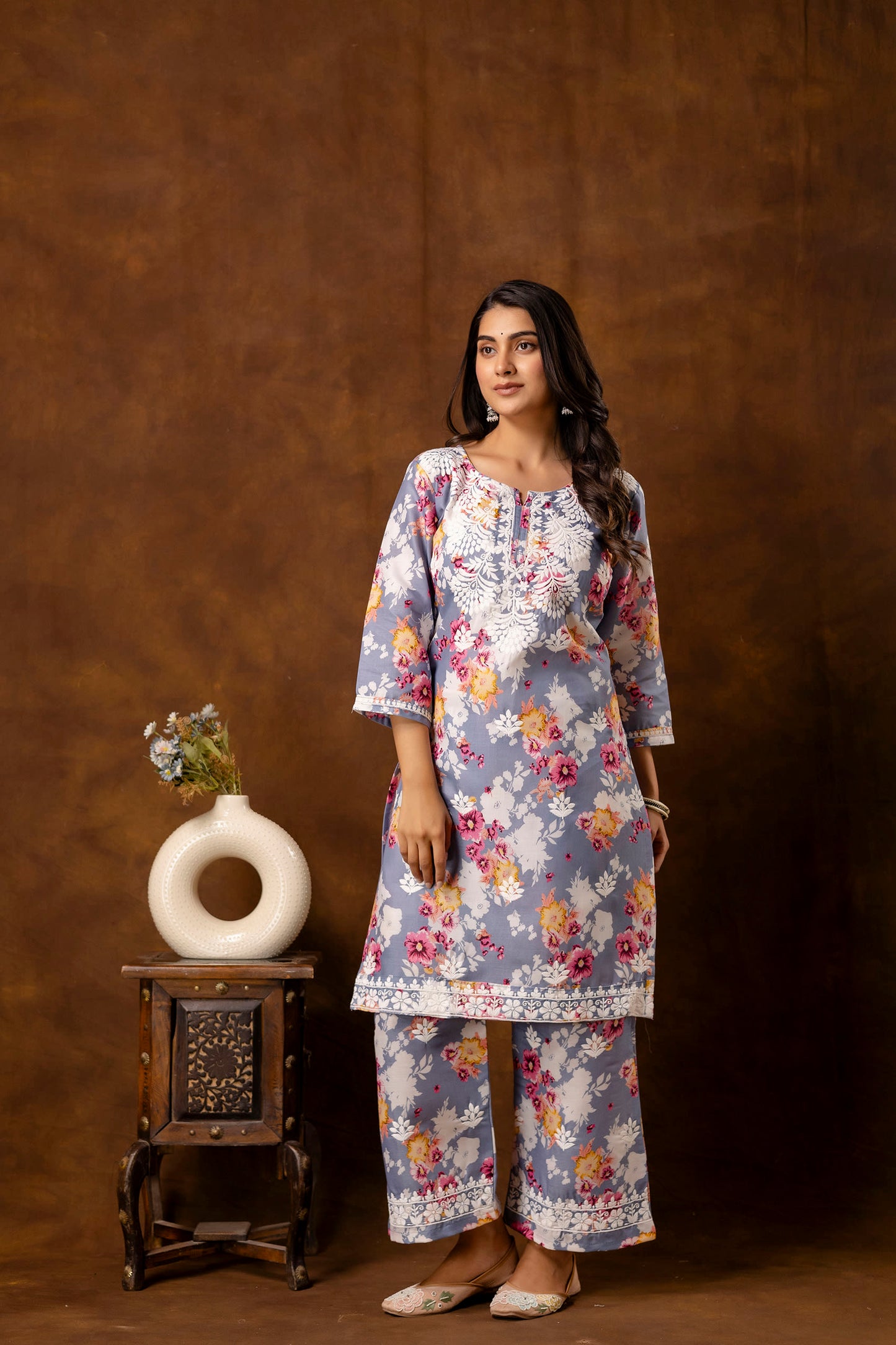 GREY cotton printed with chikanakri work kurti and plazo set