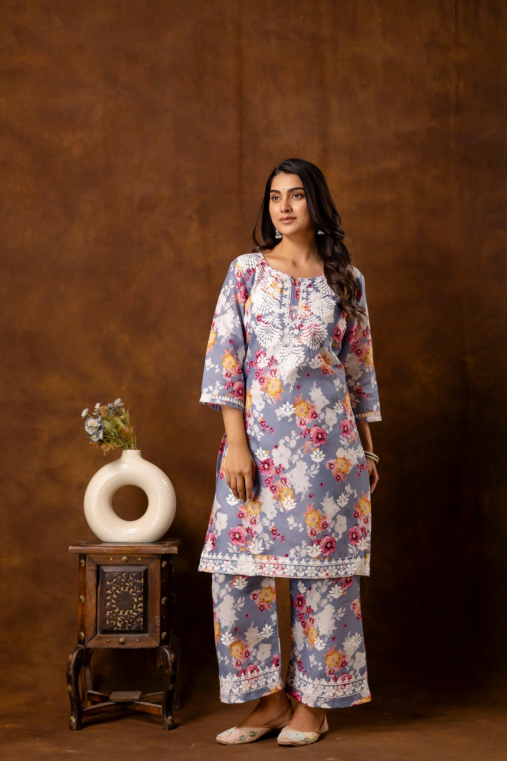 GREY cotton printed with chikanakri work kurti and plazo set