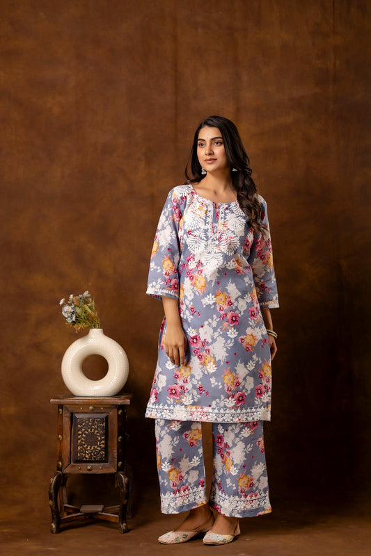 GREY cotton printed with chikanakri work kurti and plazo set