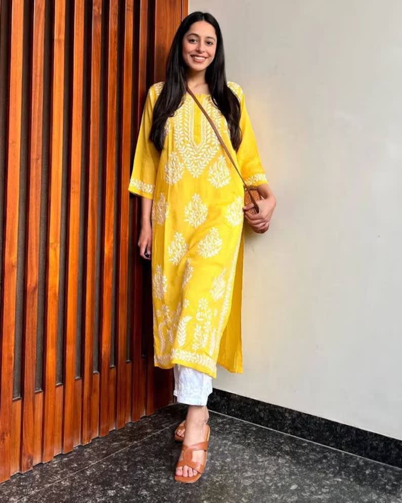 LEMON FANCY BEAUTIFUL CHIKANKARI WORK DESIGN KURTI AND PLAZZO SET