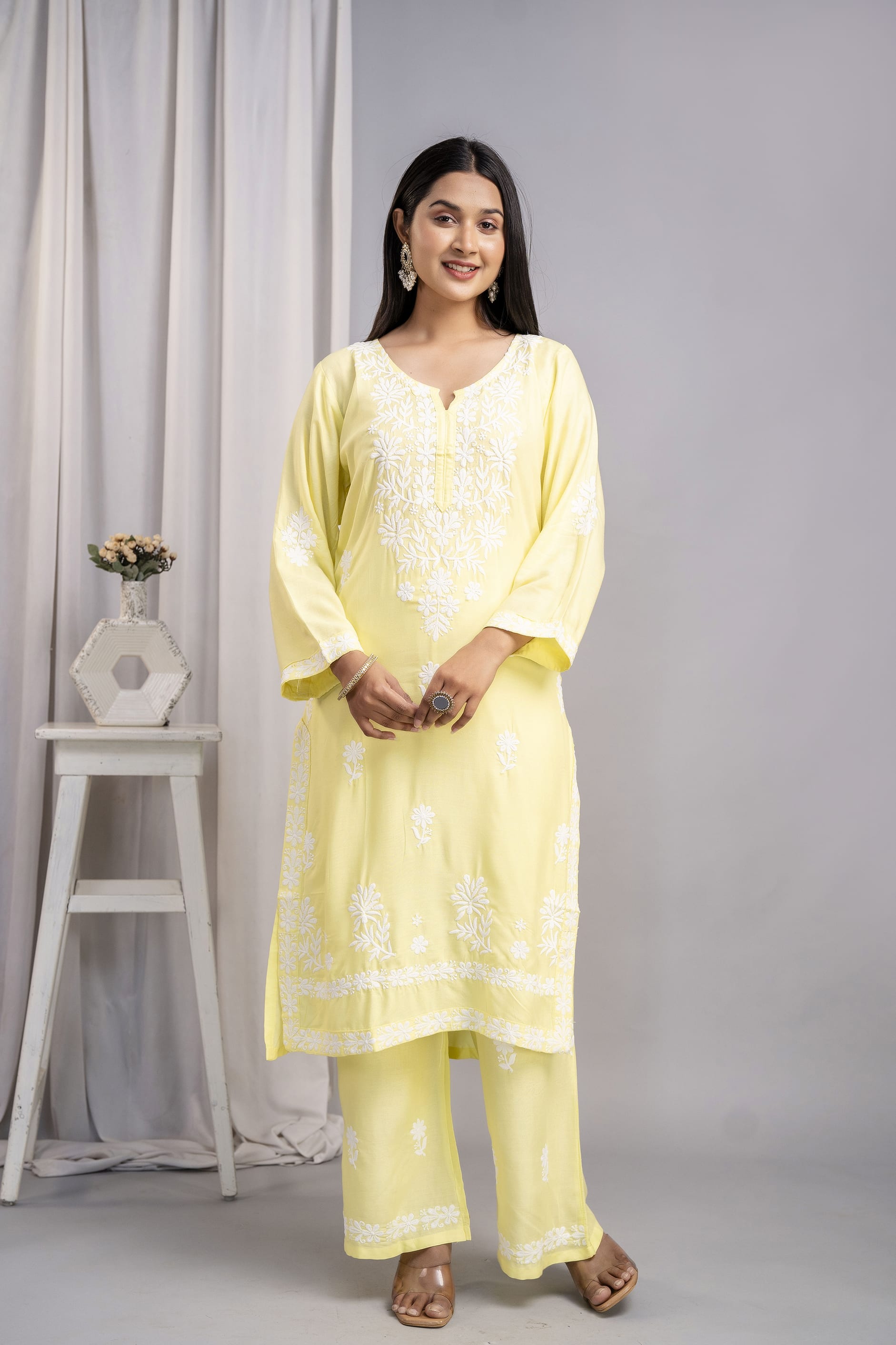 LEMON Women's Exclusive Kurti & Palazzo Set on Pure Rayon Fabric Chikan Suit