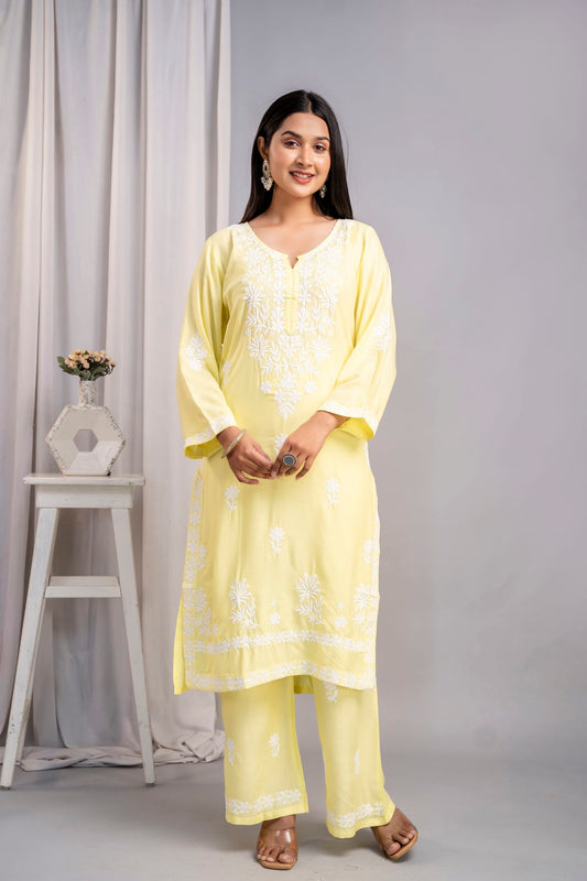 LEMON Women's Exclusive Kurti & Palazzo Set on Pure Rayon Fabric Chikan Suit