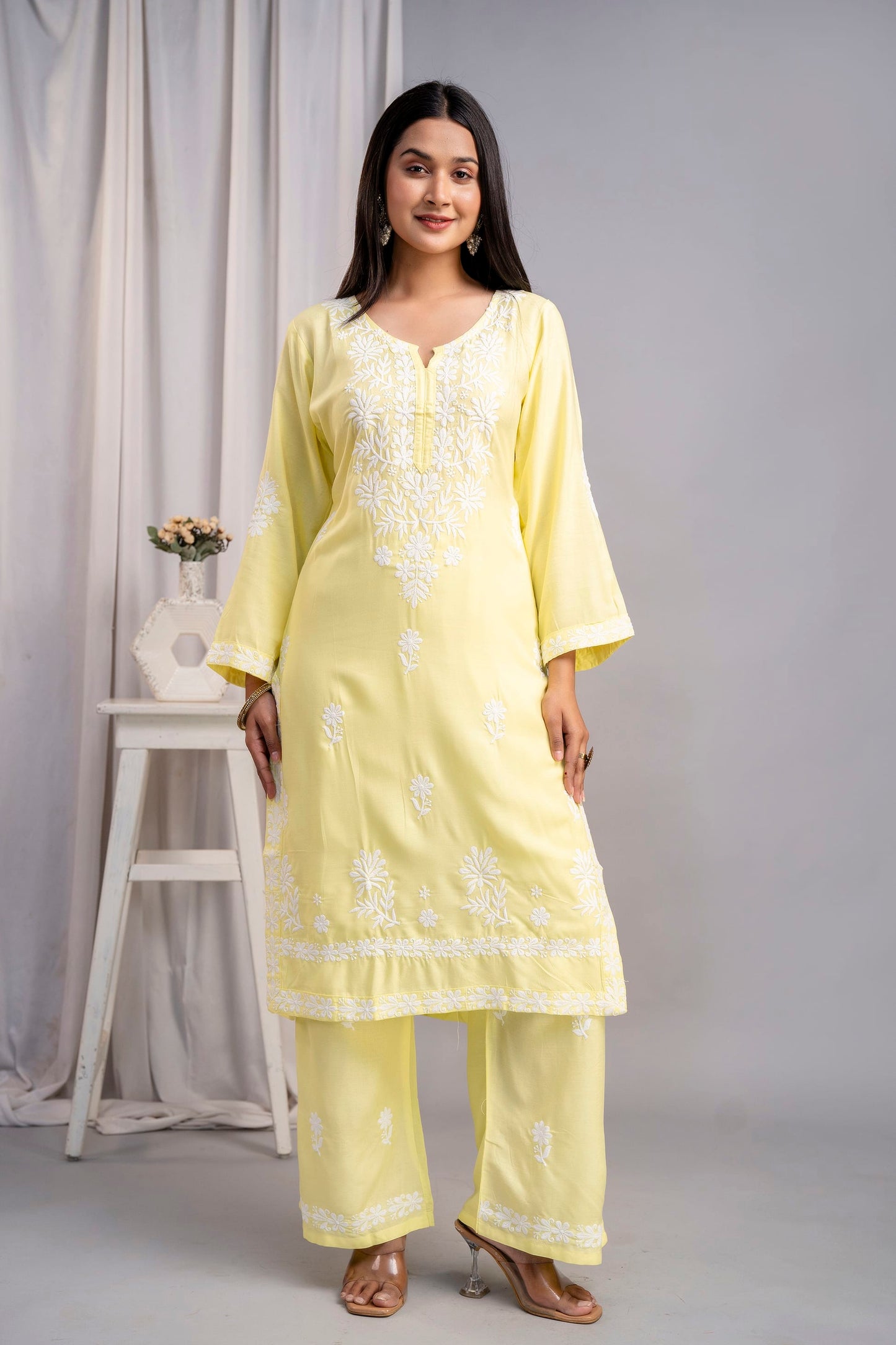 LEMON Women's Exclusive Kurti & Palazzo Set on Pure Rayon Fabric Chikan Suit