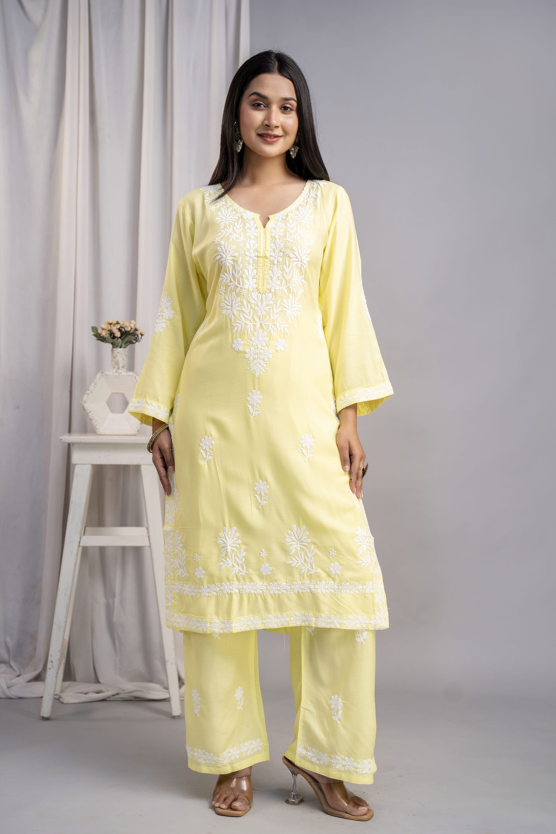 LEMON Women's Exclusive Kurti & Palazzo Set on Pure Rayon Fabric Chikan Suit