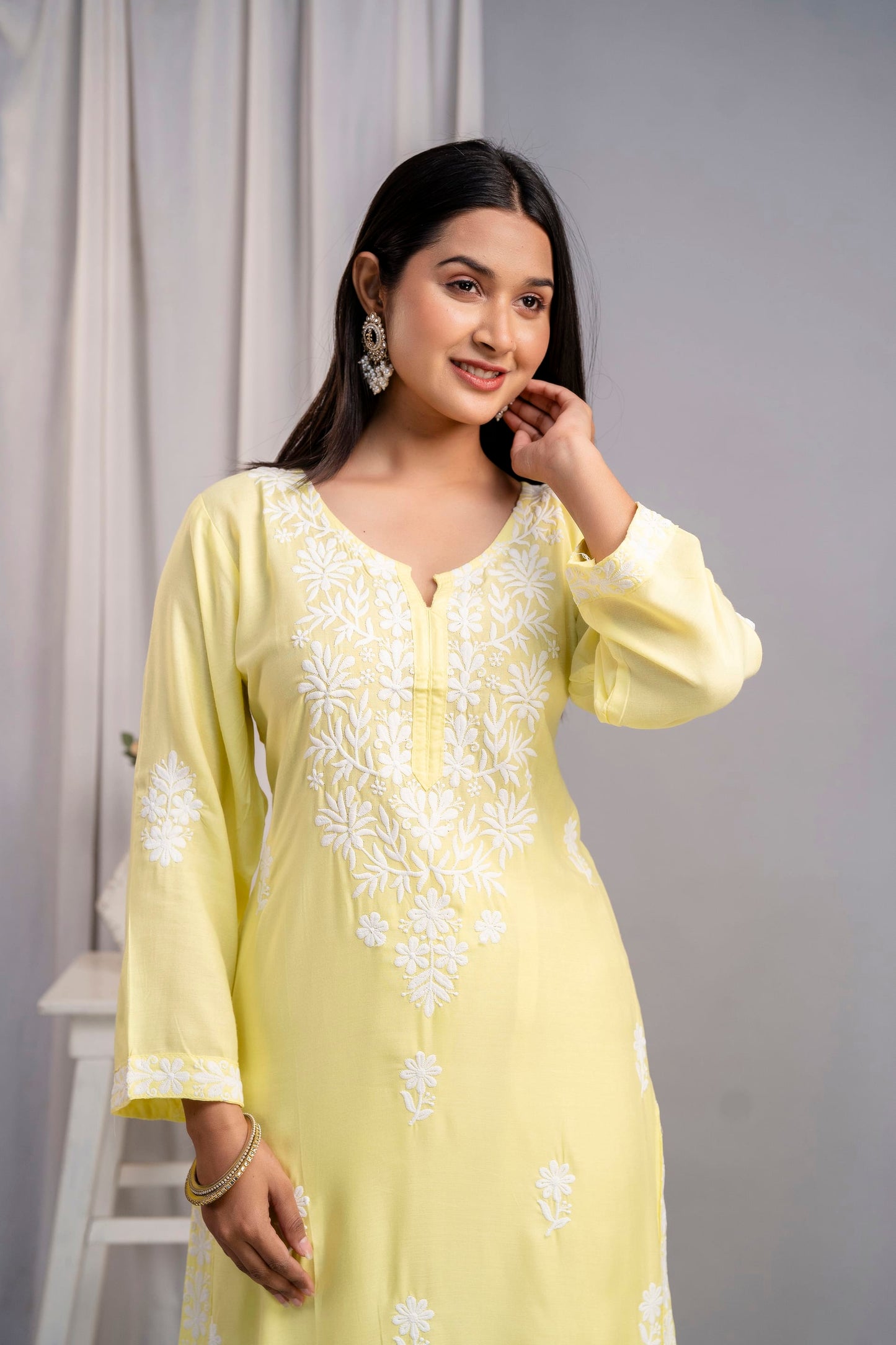 LEMON Women's Exclusive Kurti & Palazzo Set on Pure Rayon Fabric Chikan Suit