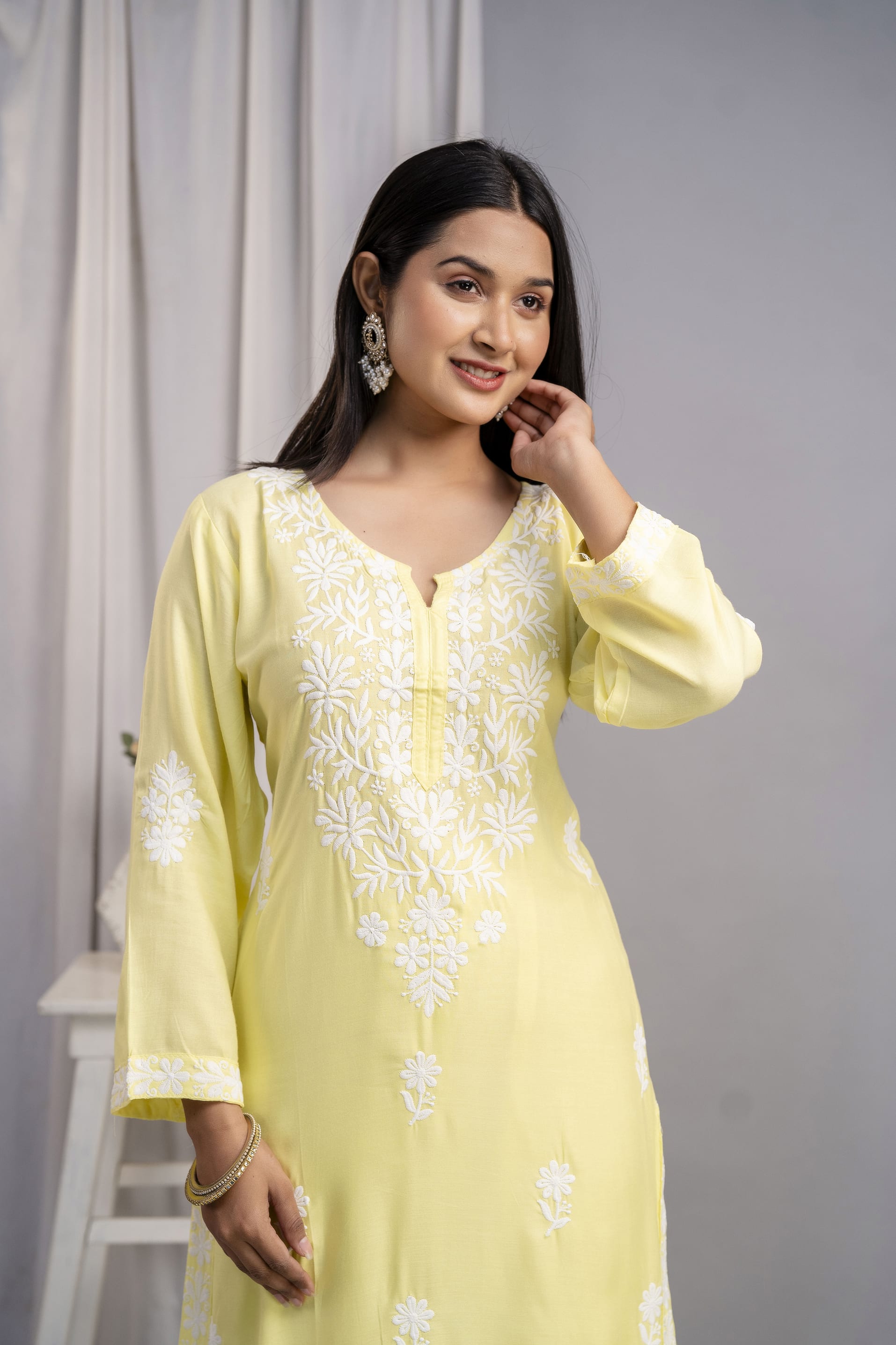 LEMON Women's Exclusive Kurti & Palazzo Set on Pure Rayon Fabric Chikan Suit