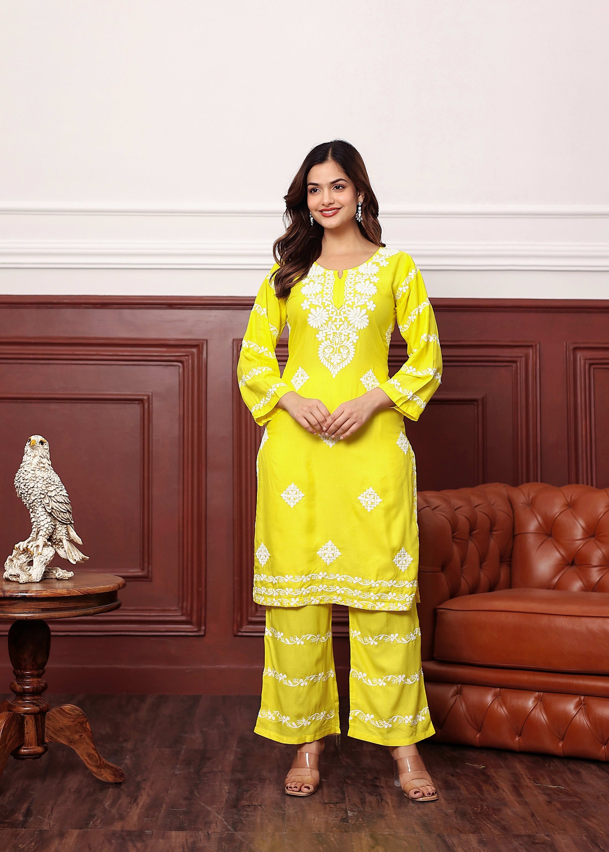 LEMON Women's rayon chikankari work straight kurta palazzo set for women