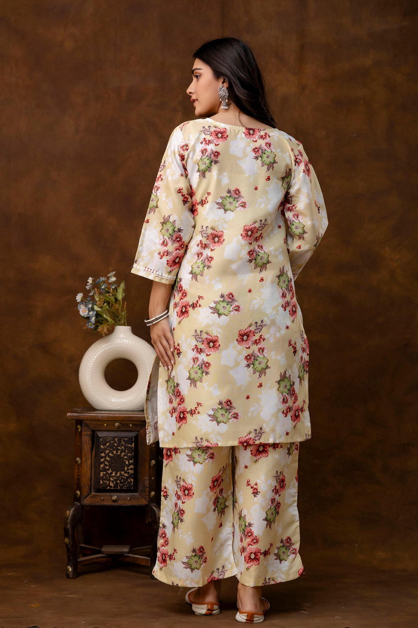 LEMON cotton printed with chikanakri work kurti and plazo set
