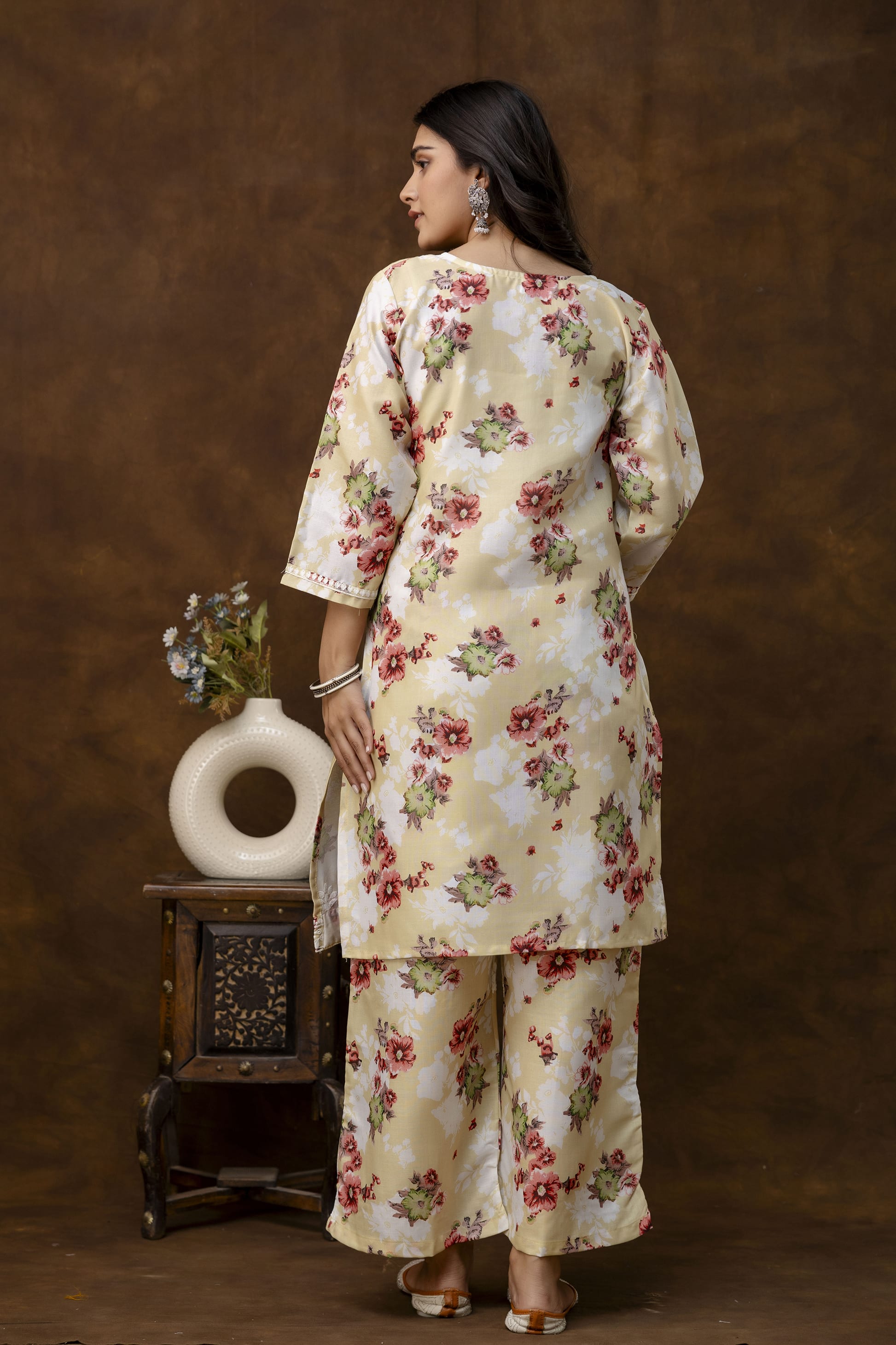 LEMON cotton printed with chikanakri work kurti and plazo set