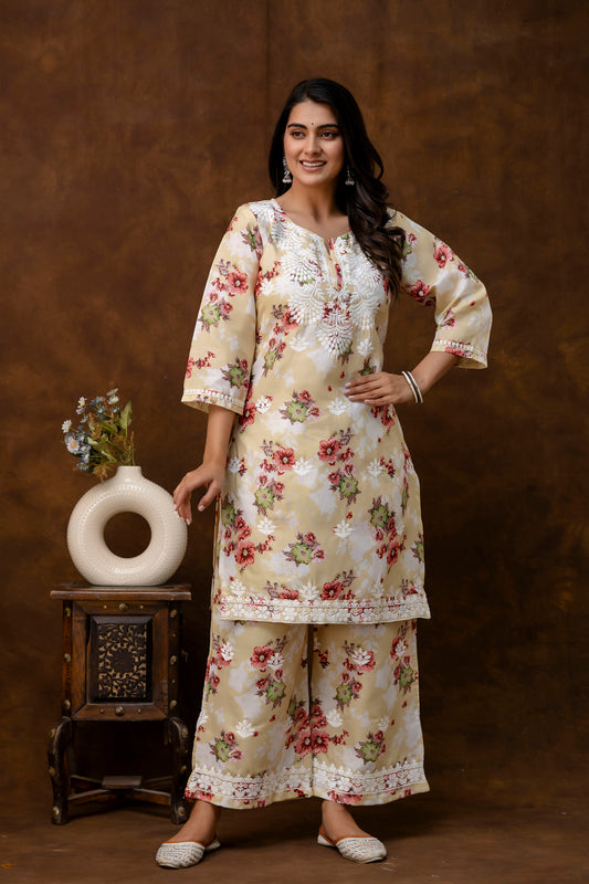 LEMON cotton printed with chikanakri work kurti and plazo set