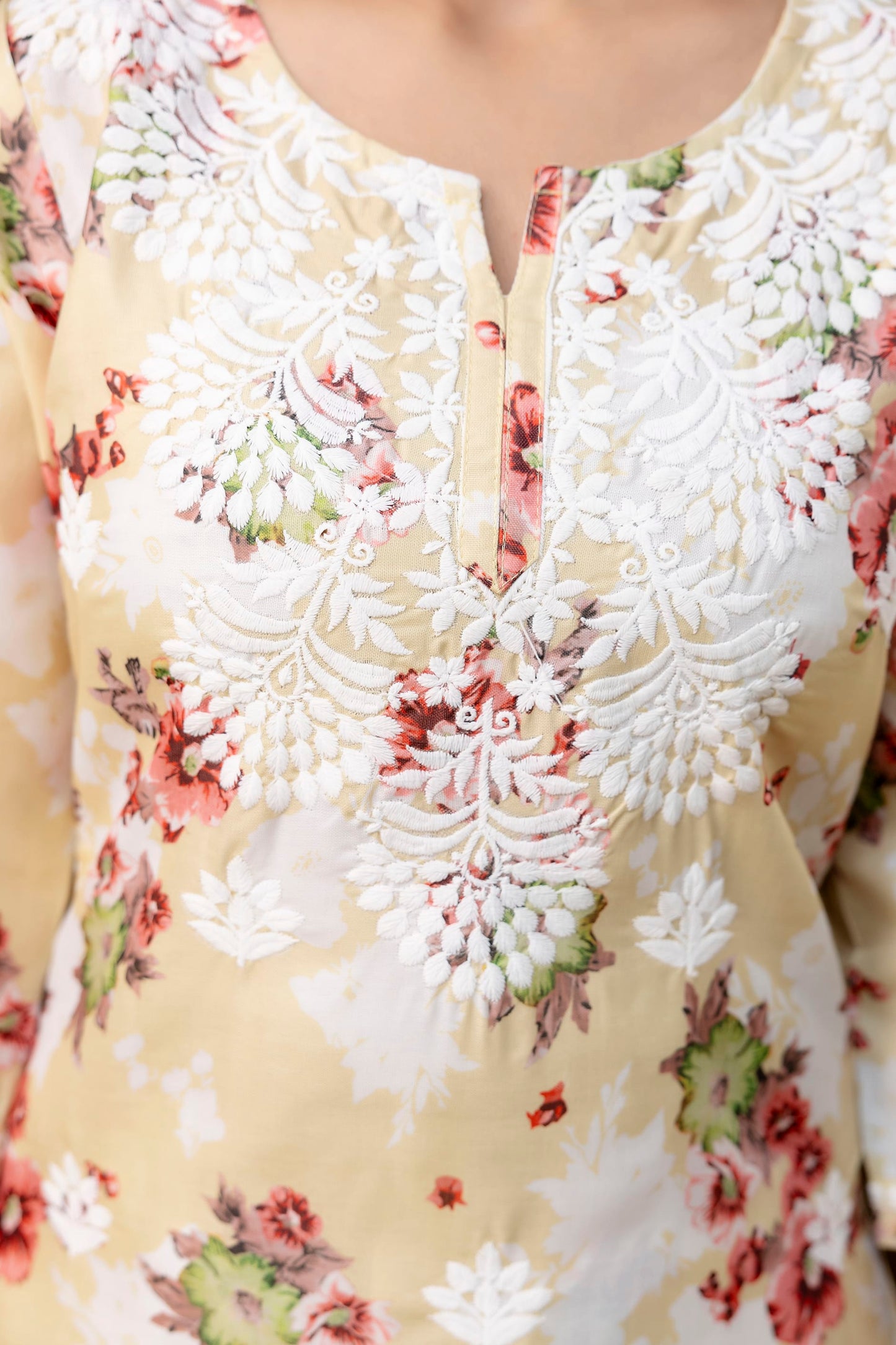 LEMON cotton printed with chikanakri work kurti and plazo set