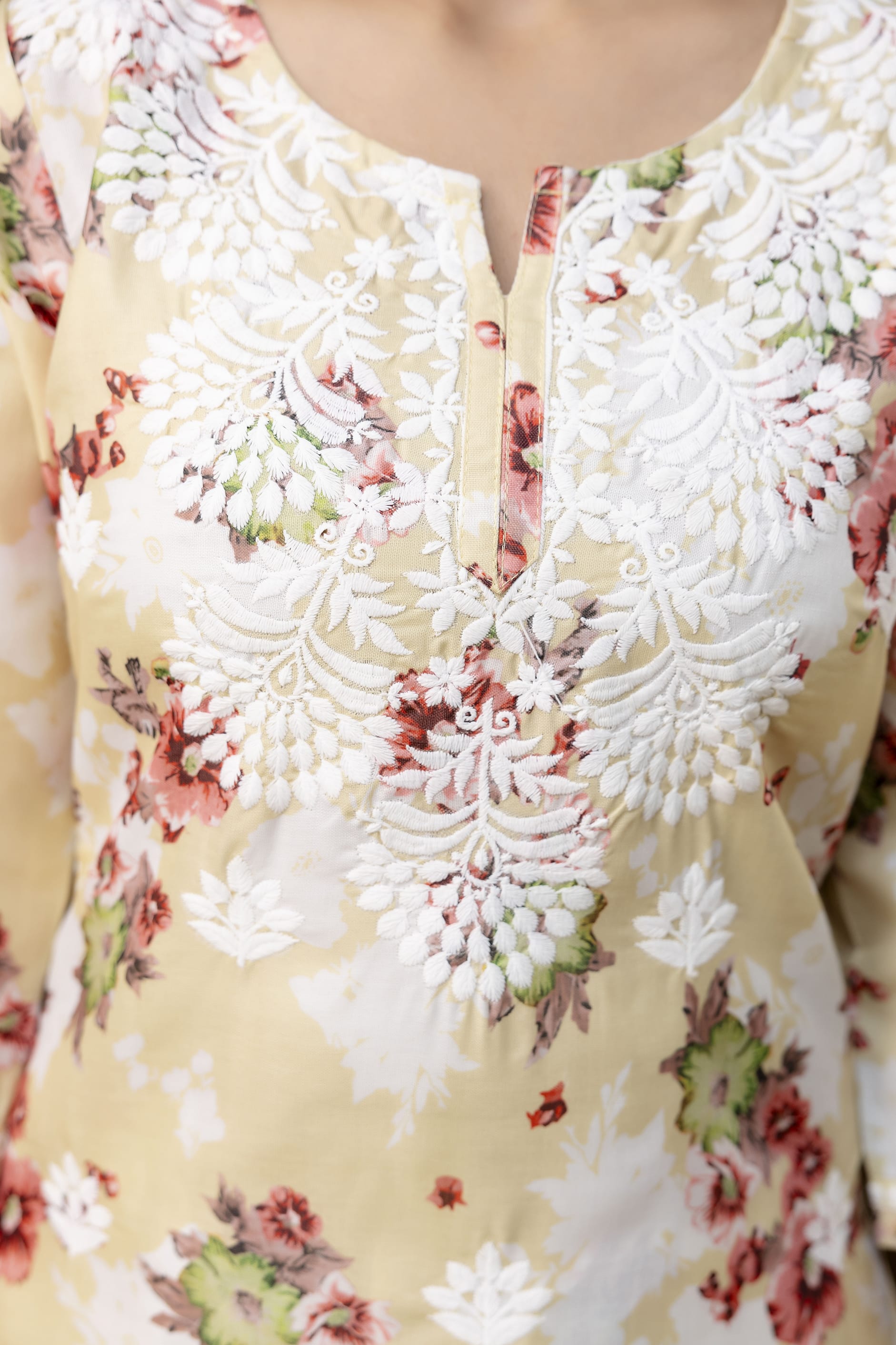 LEMON cotton printed with chikanakri work kurti and plazo set