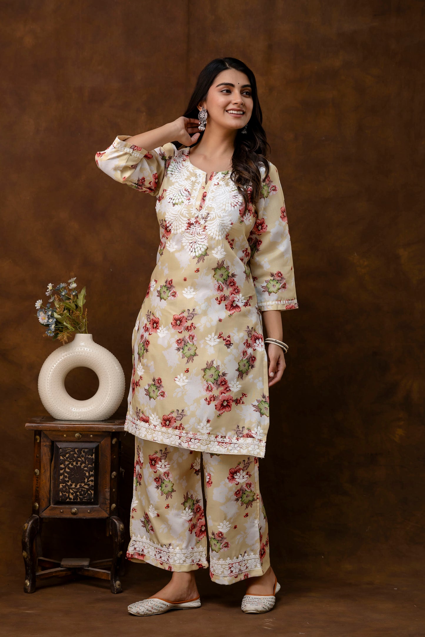 LEMON cotton printed with chikanakri work kurti and plazo set