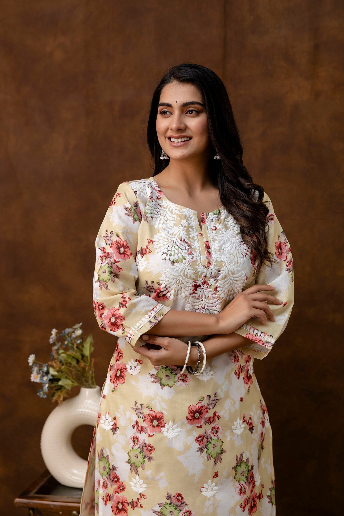 LEMON cotton printed with chikanakri work kurti and plazo set