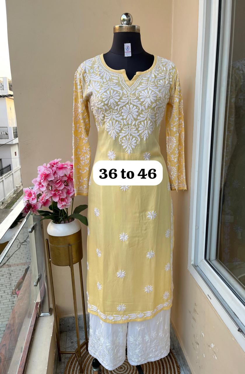 LIGHT LEMON Chikankari Work Cotton Thread Rayon Palazo Kurtis