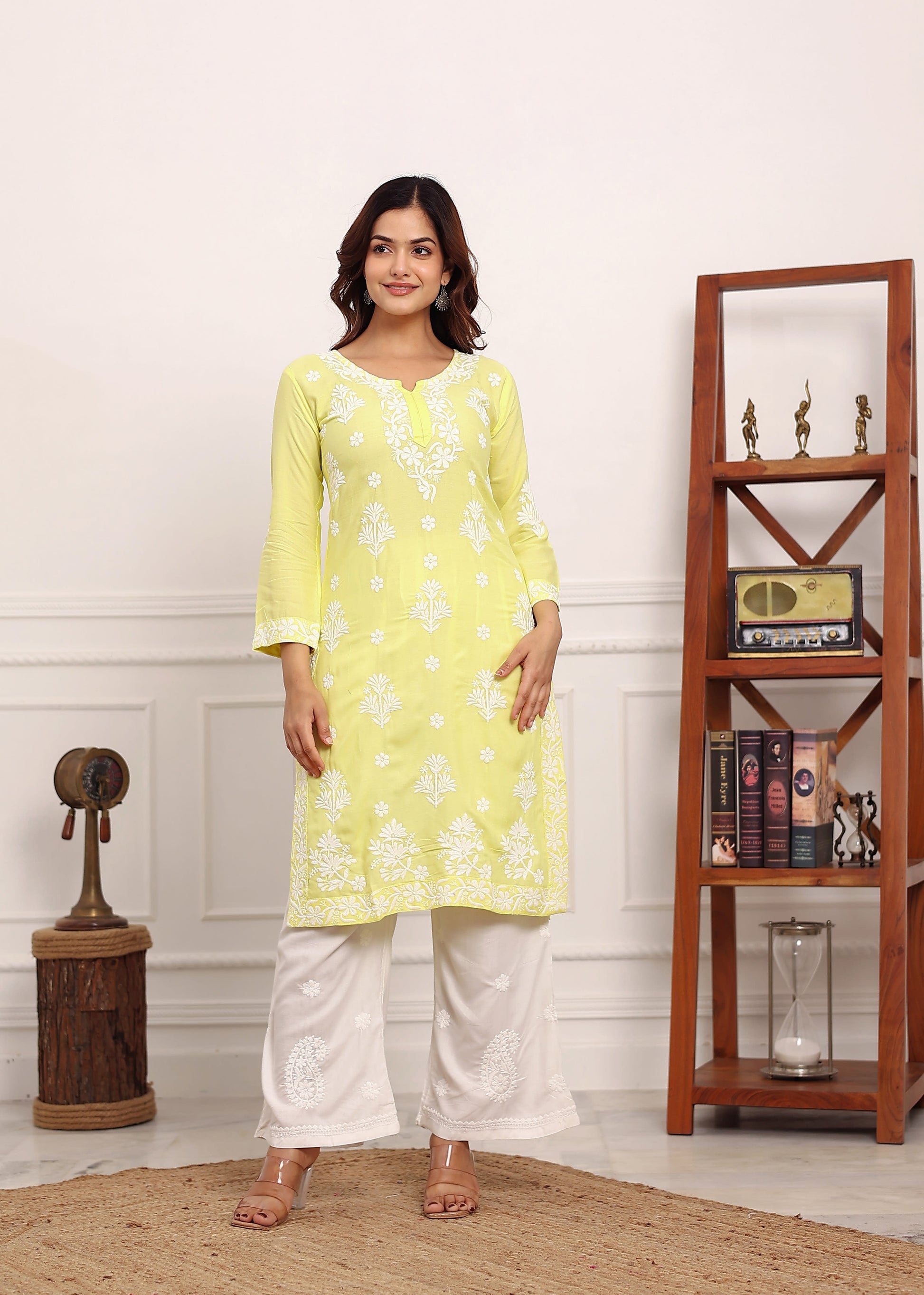 LIGHT LEMON Embroidered Chikan Kurta with plazzo ethnic Indian wear- Chikankari Work