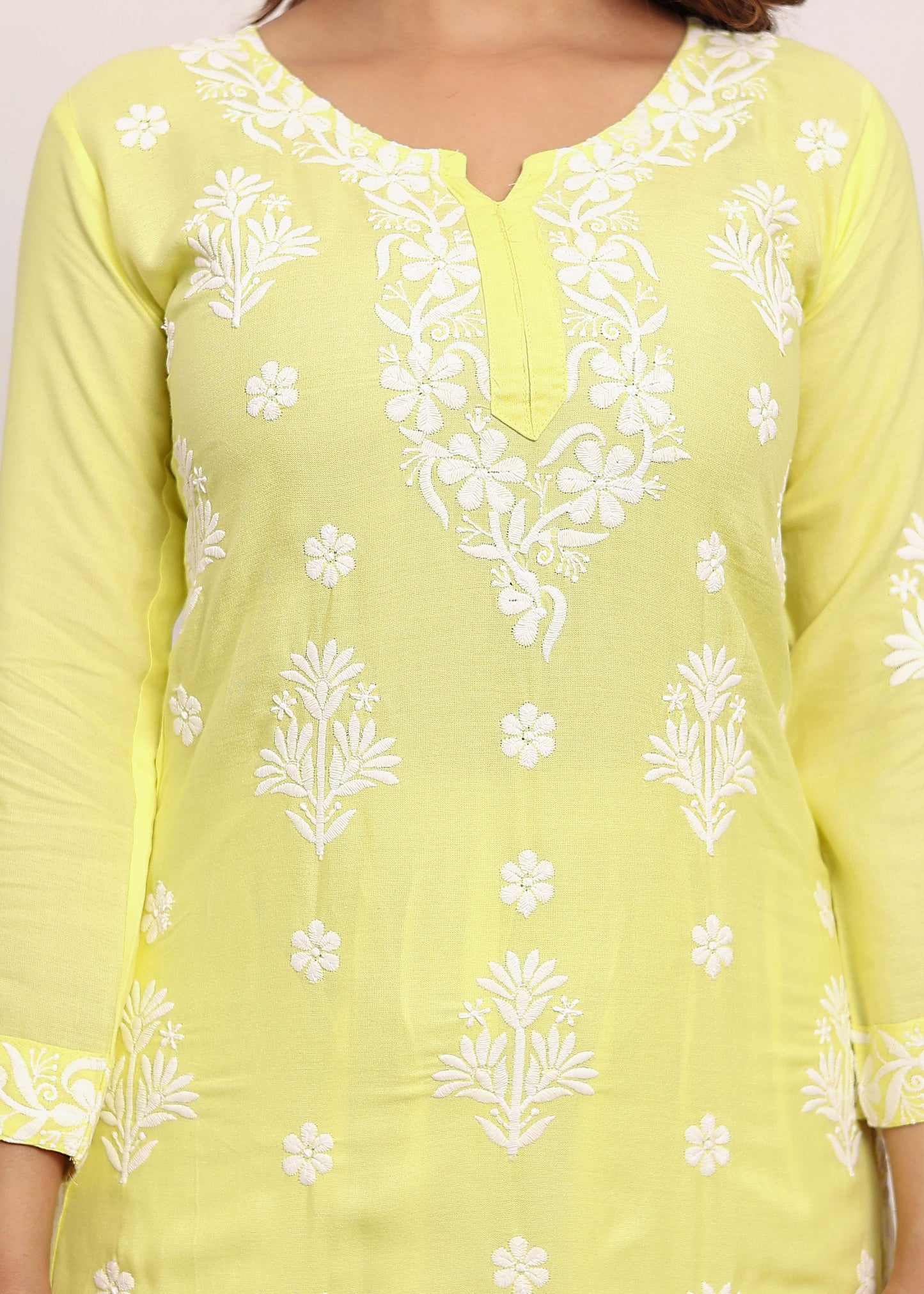 LIGHT LEMON Embroidered Chikan Kurta with plazzo ethnic Indian wear- Chikankari Work