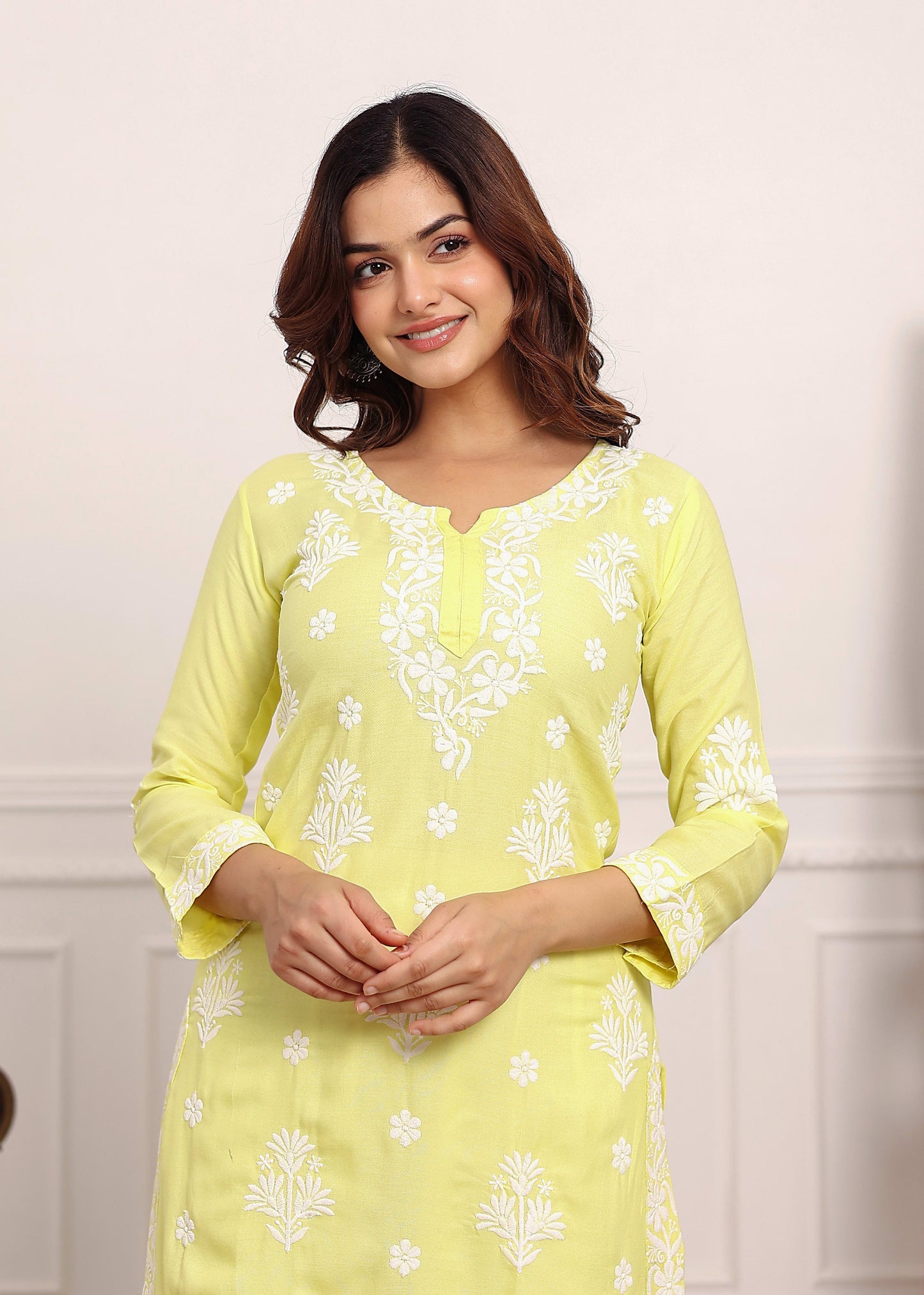LIGHT LEMON Embroidered Chikan Kurta with plazzo ethnic Indian wear- Chikankari Work