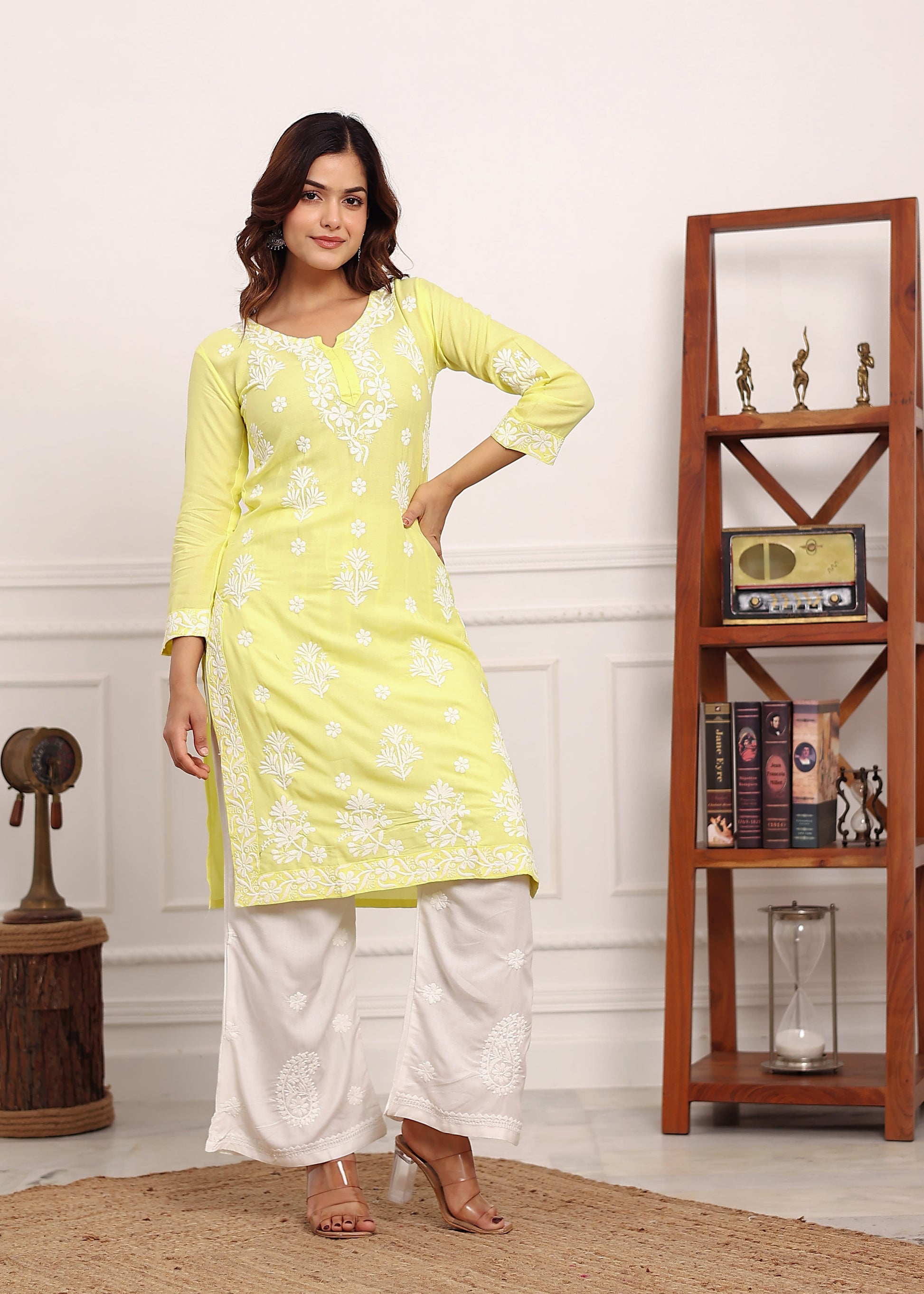 LIGHT LEMON Embroidered Chikan Kurta with plazzo ethnic Indian wear- Chikankari Work
