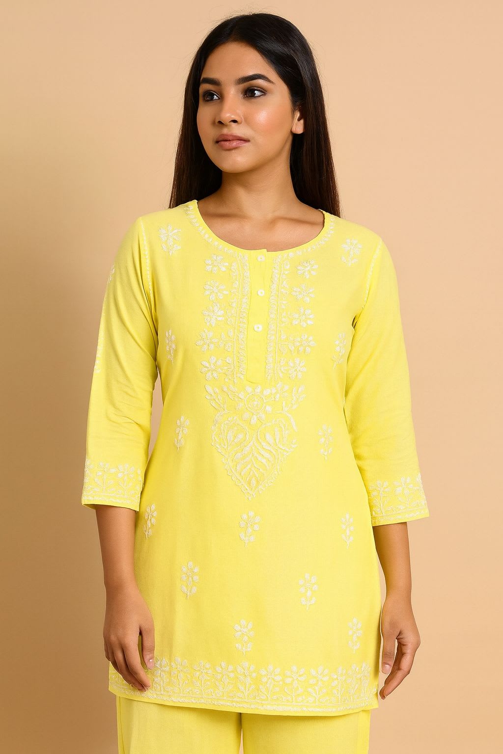 LIGHT LEMON Premium Reyon Fabric cord-Sets With Beautifully Chikankari Embroidery Work