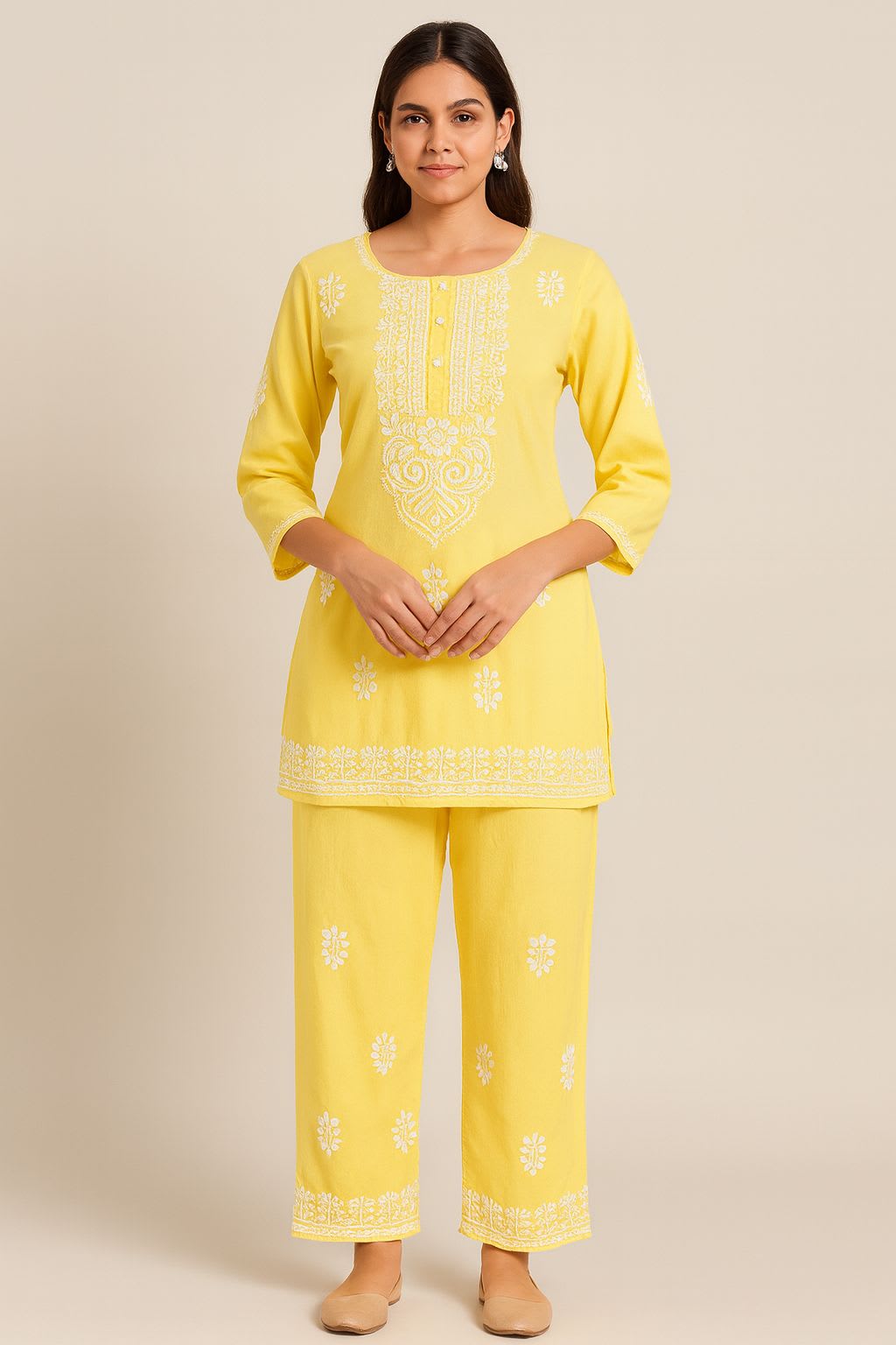 LIGHT LEMON Premium Reyon Fabric cord-Sets With Beautifully Chikankari Embroidery Work