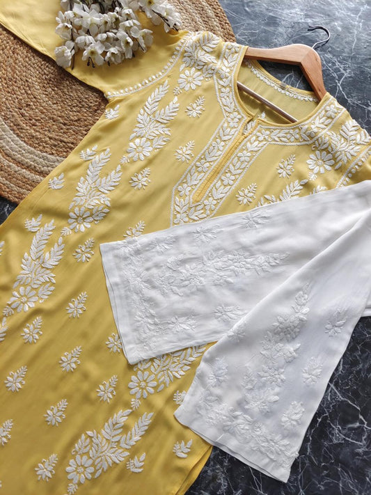 LIGHT LEMON Rayon  Chikankari Kurta With Palazzo