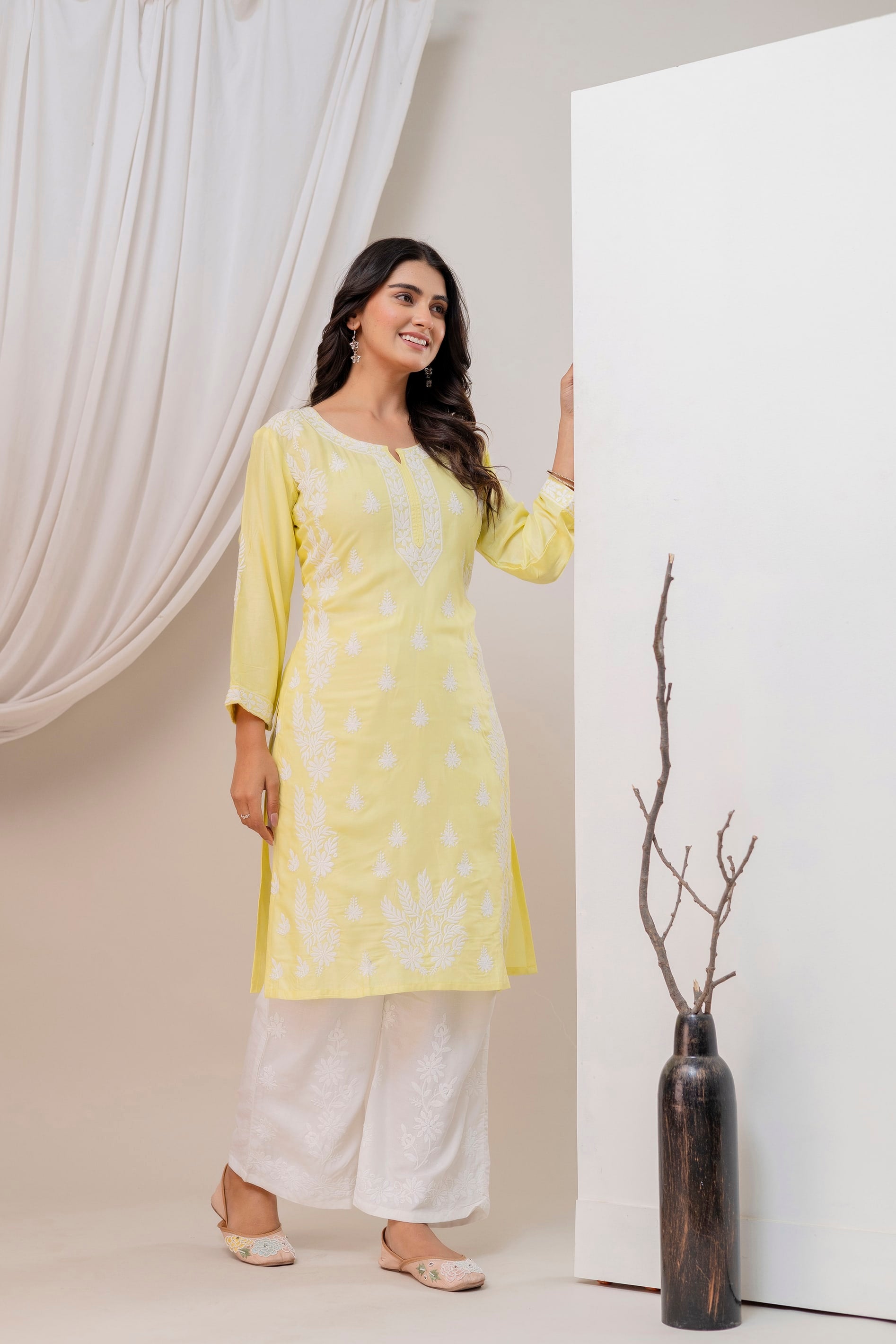 LIGHT LEMON Women Embroidered Chikankari Modal Kurta Set
