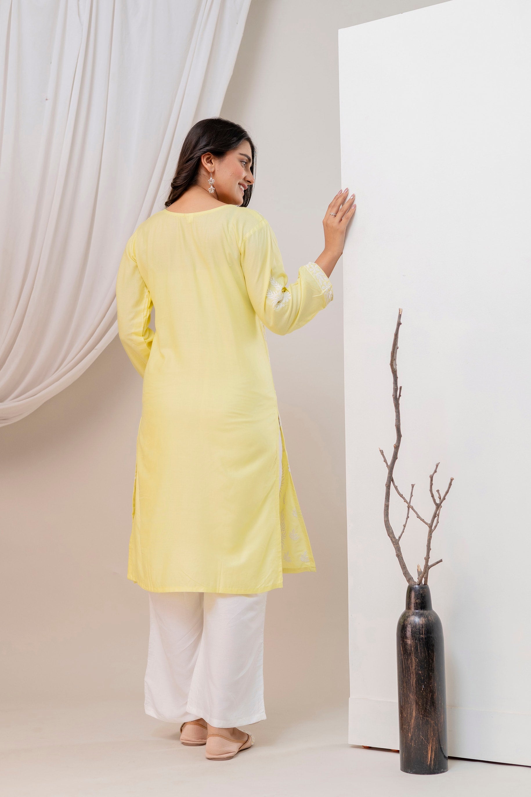 LIGHT LEMON Women Embroidered Chikankari Modal Kurta Set