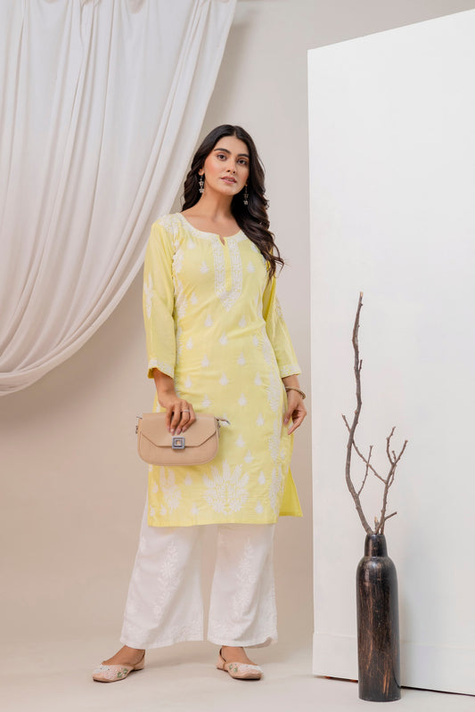 LIGHT LEMON Women Embroidered Chikankari Modal Kurta Set