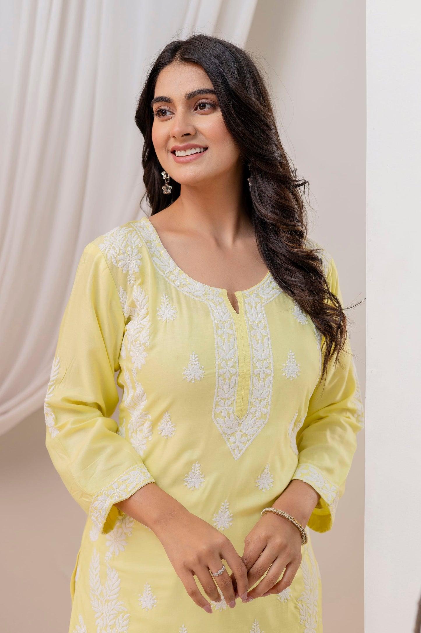 LIGHT LEMON Women Embroidered Chikankari Modal Kurta Set