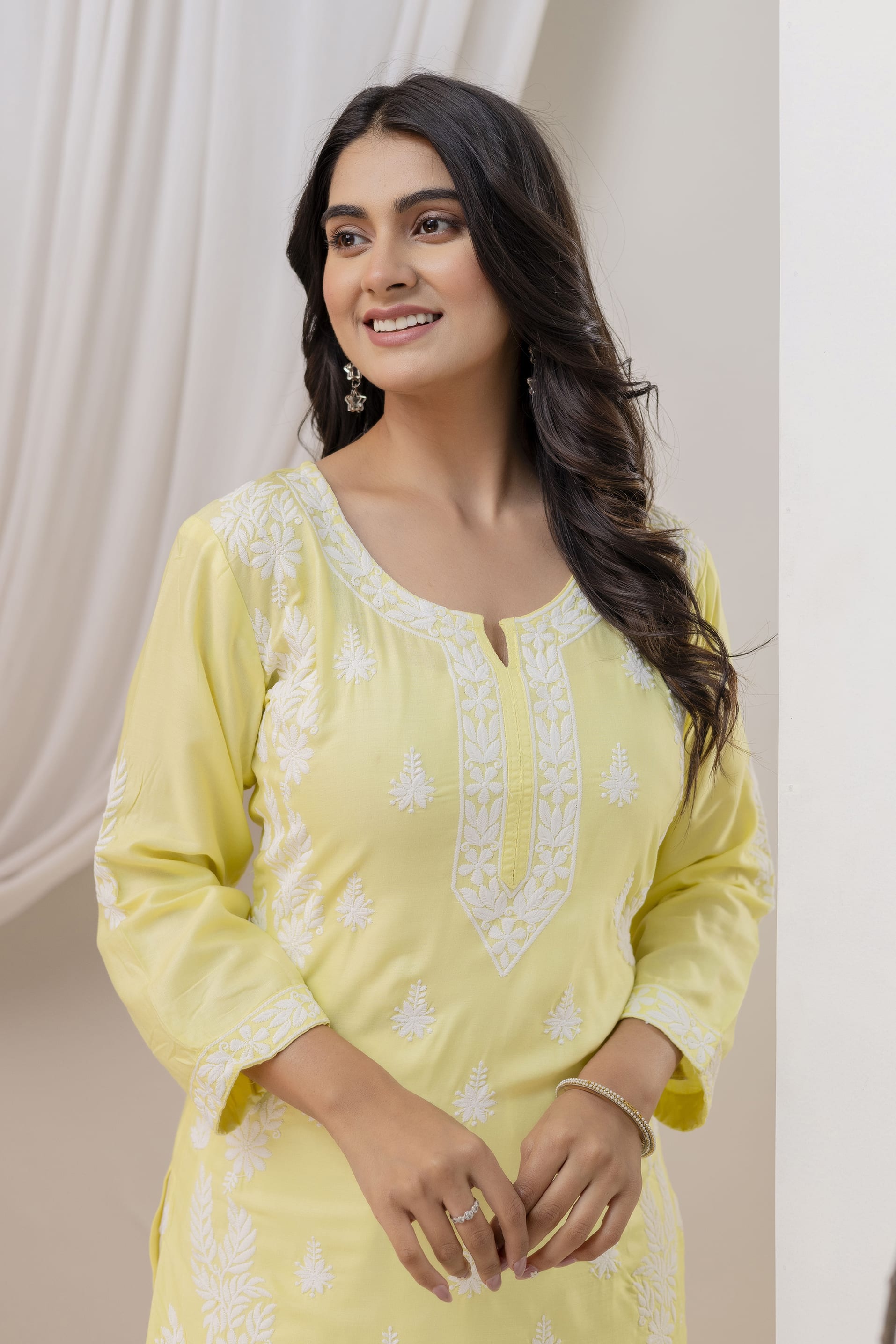 LIGHT LEMON Women Embroidered Chikankari Modal Kurta Set