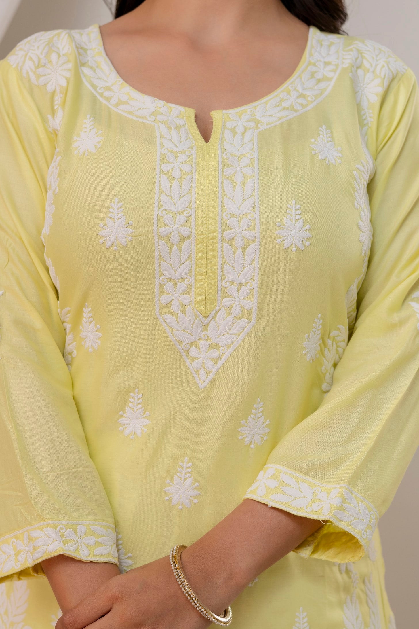 LIGHT LEMON Women Embroidered Chikankari Modal Kurta Set