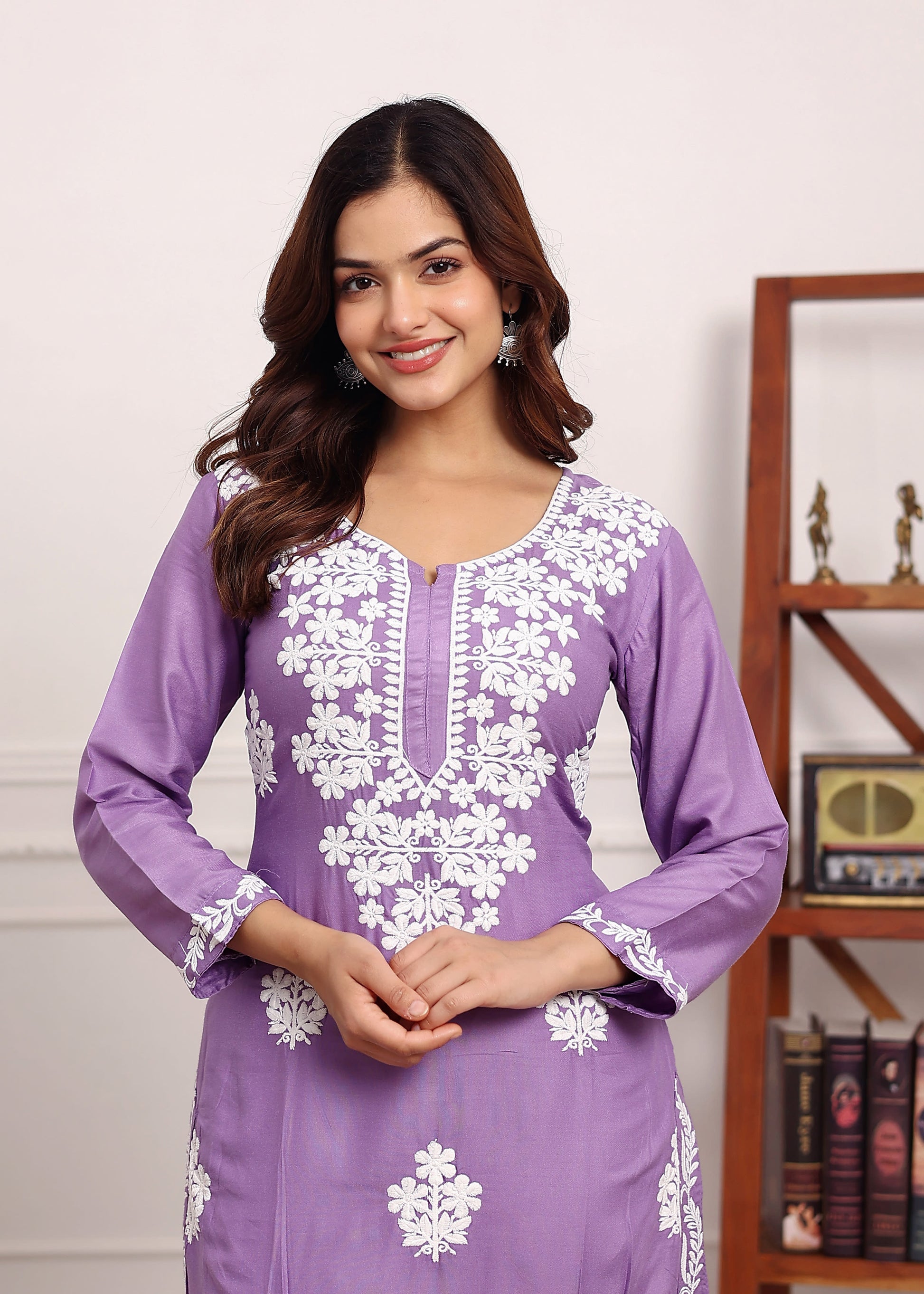 LIGHT PURPLE Chikan Kurta for Women Rayon Straight Chikankari Kurti And White Plazo Set