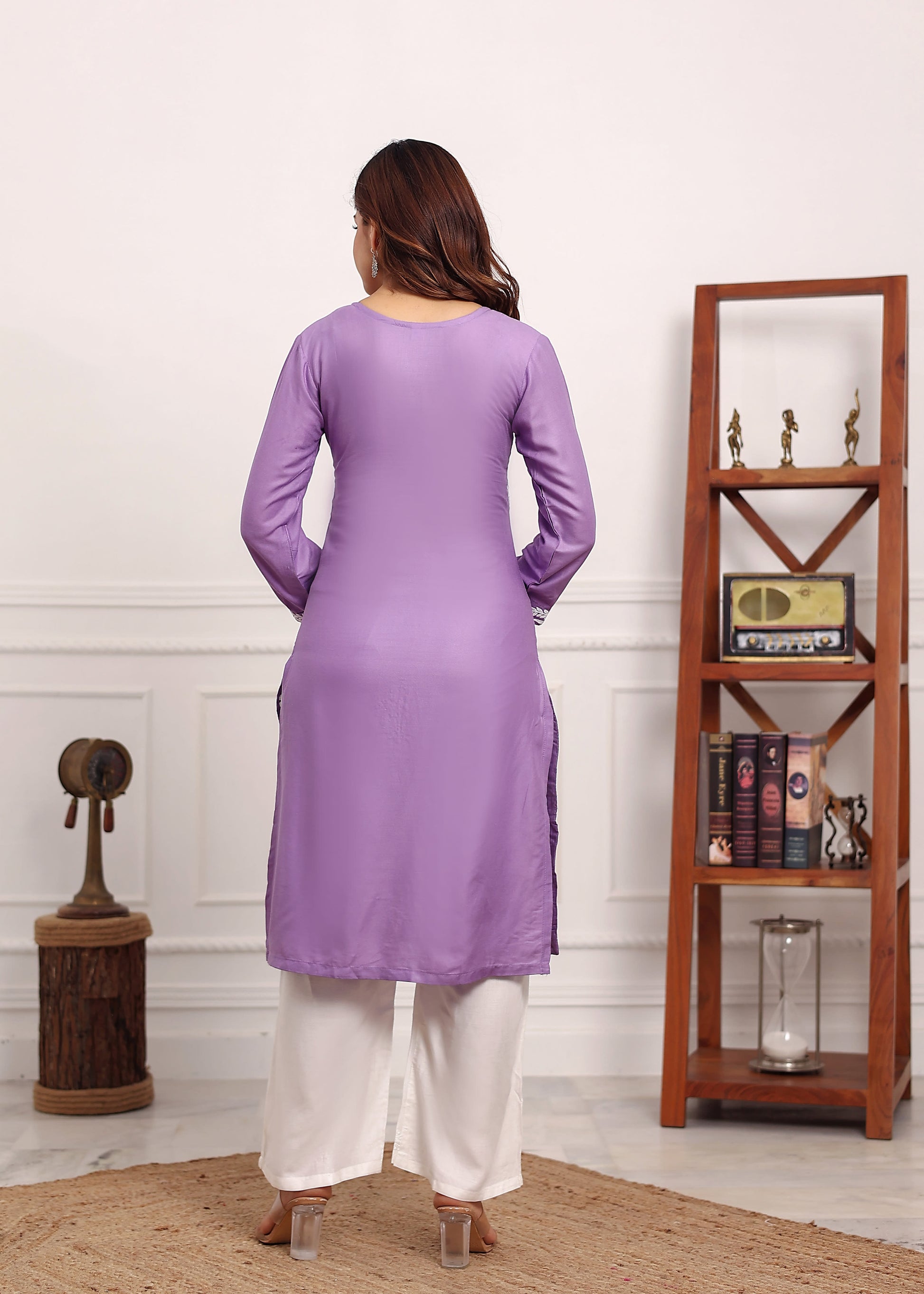 LIGHT PURPLE Chikan Kurta for Women Rayon Straight Chikankari Kurti And White Plazo Set