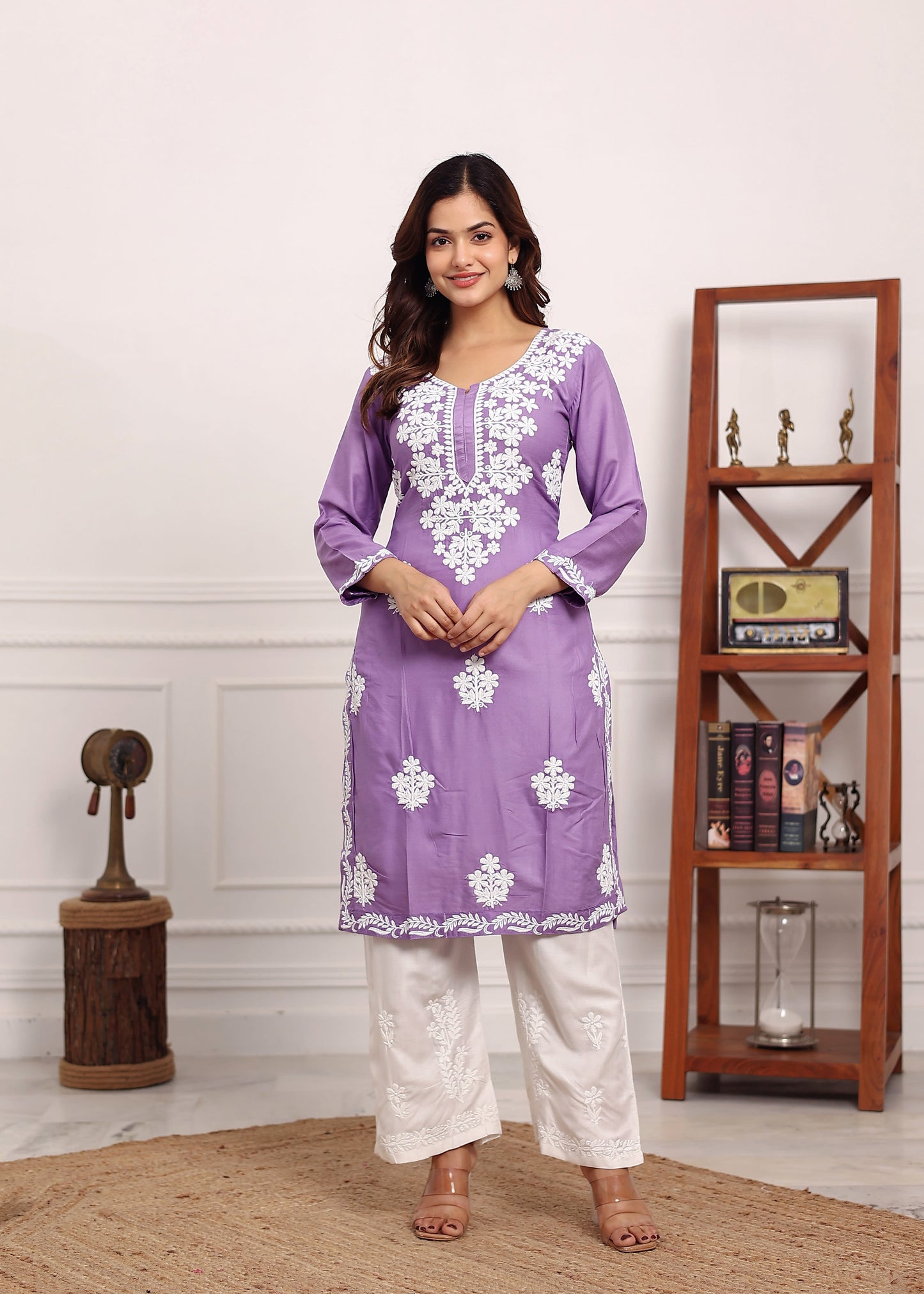 LIGHT PURPLE Chikan Kurta for Women Rayon Straight Chikankari Kurti And White Plazo Set