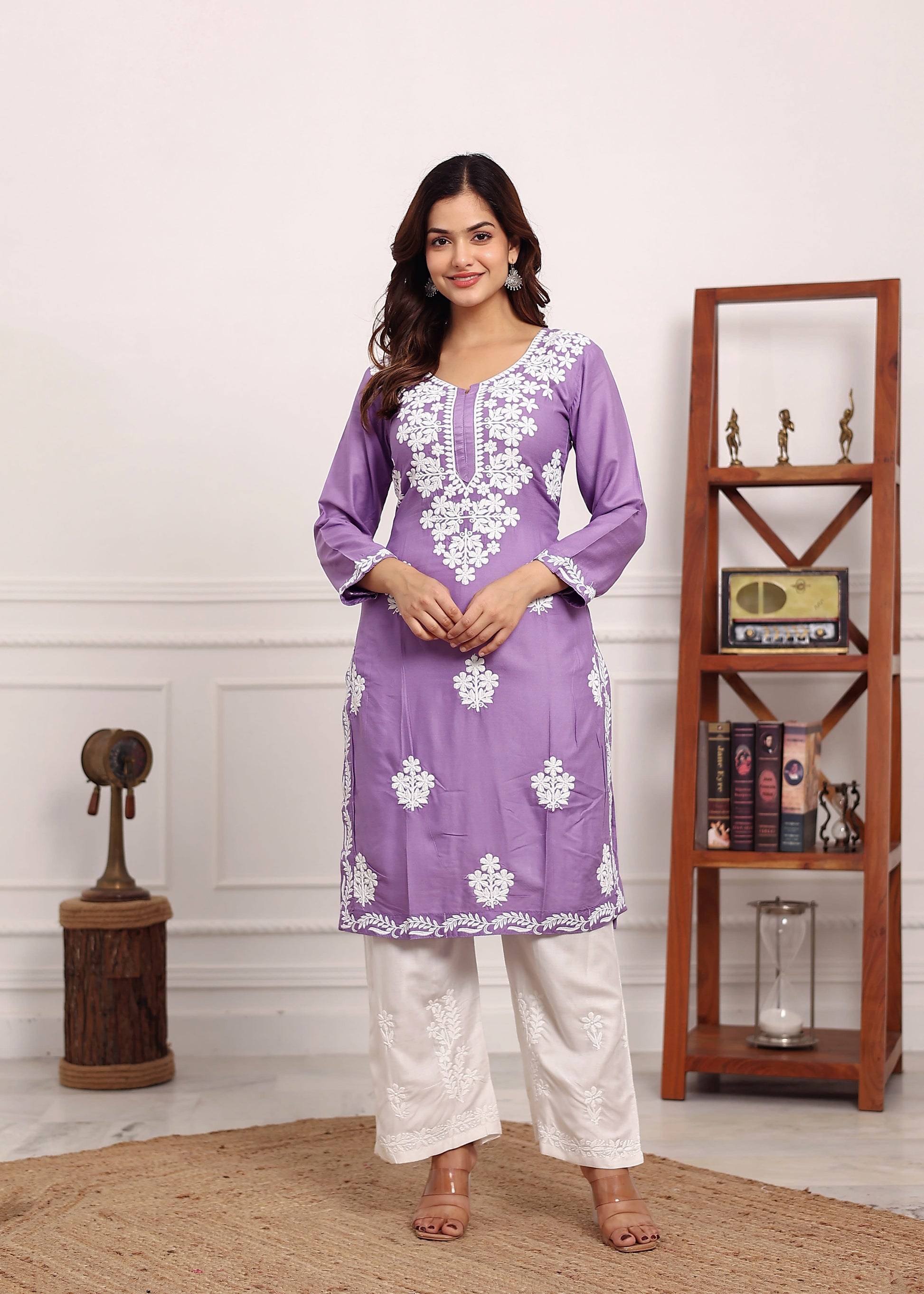 LIGHT PURPLE Chikan Kurta for Women Rayon Straight Chikankari Kurti And White Plazo Set