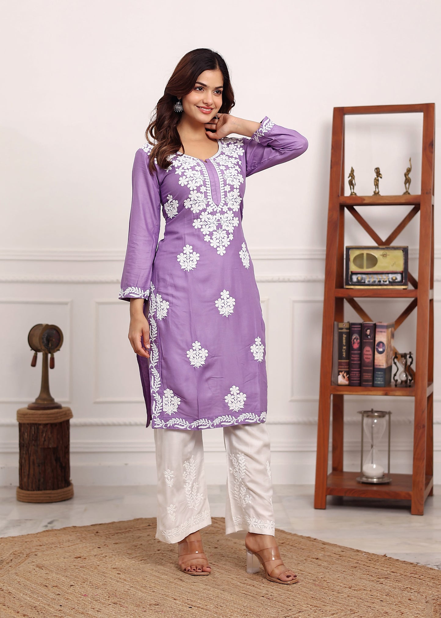 LIGHT PURPLE Chikan Kurta for Women Rayon Straight Chikankari Kurti And White Plazo Set