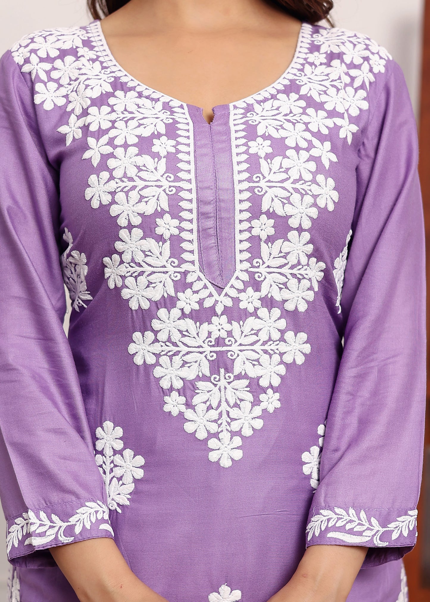 LIGHT PURPLE Chikan Kurta for Women Rayon Straight Chikankari Kurti And White Plazo Set