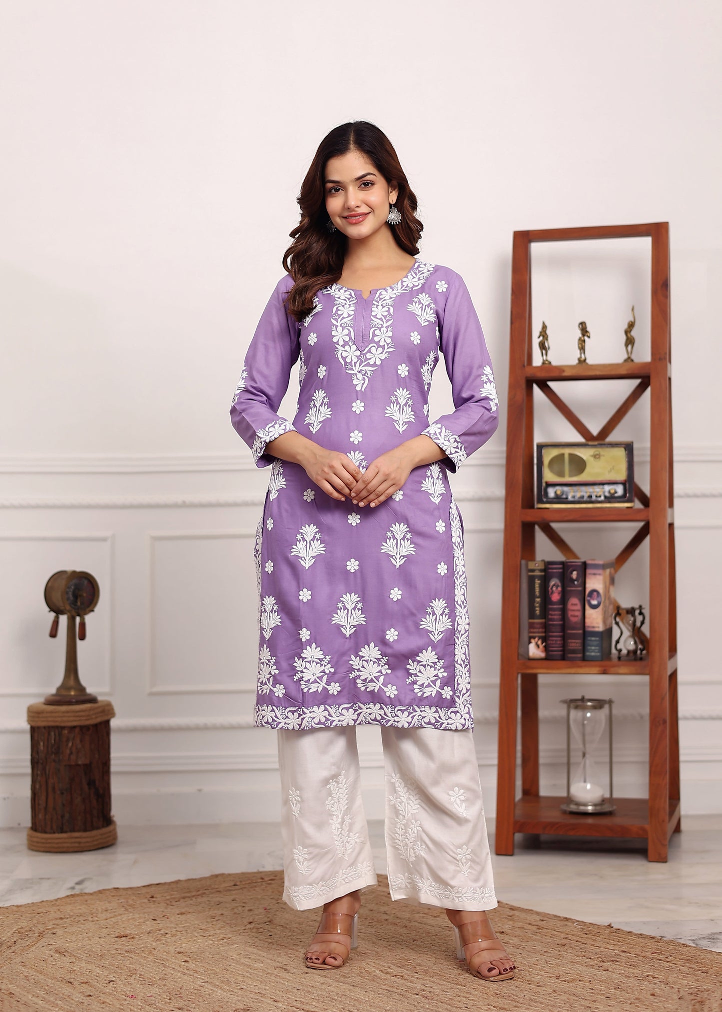 LIGHT PURPLE Embroidered Chikan Kurta with plazzo ethnic Indian wear- Chikankari Work