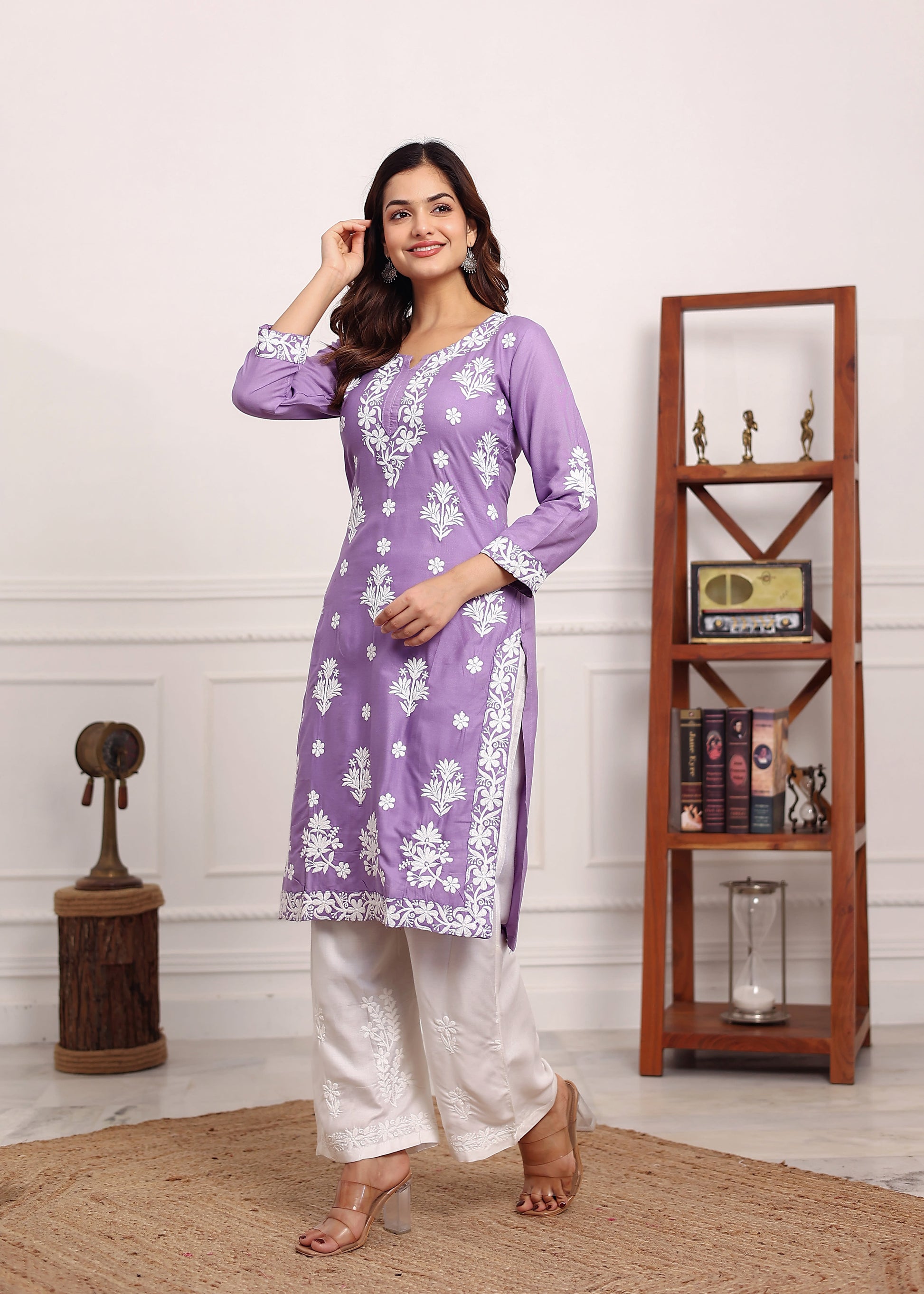 LIGHT PURPLE Embroidered Chikan Kurta with plazzo ethnic Indian wear- Chikankari Work