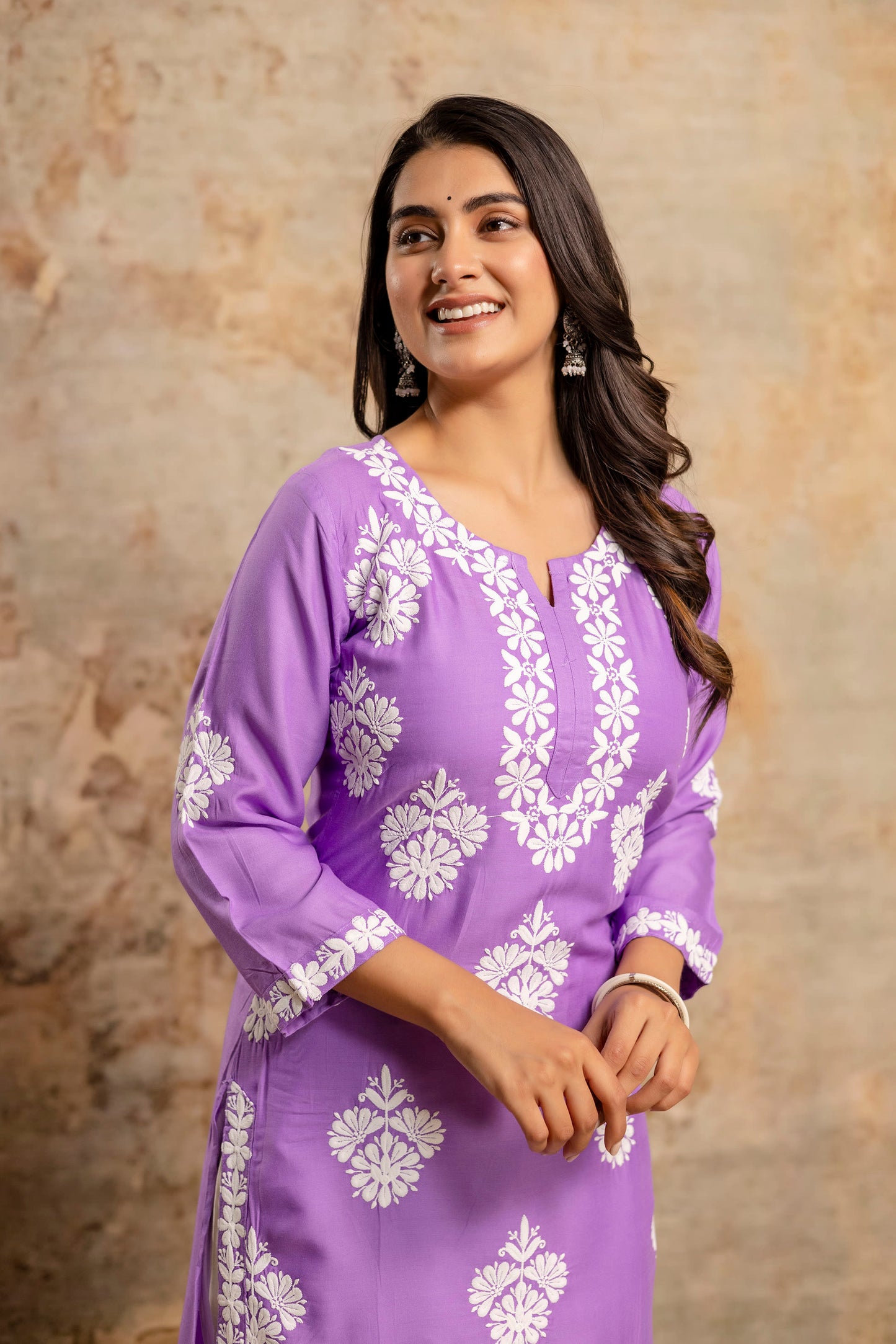 LIGHT PURPLE Floral Embroidered Round Neck Chikankari Straight Kurta with Palazzos