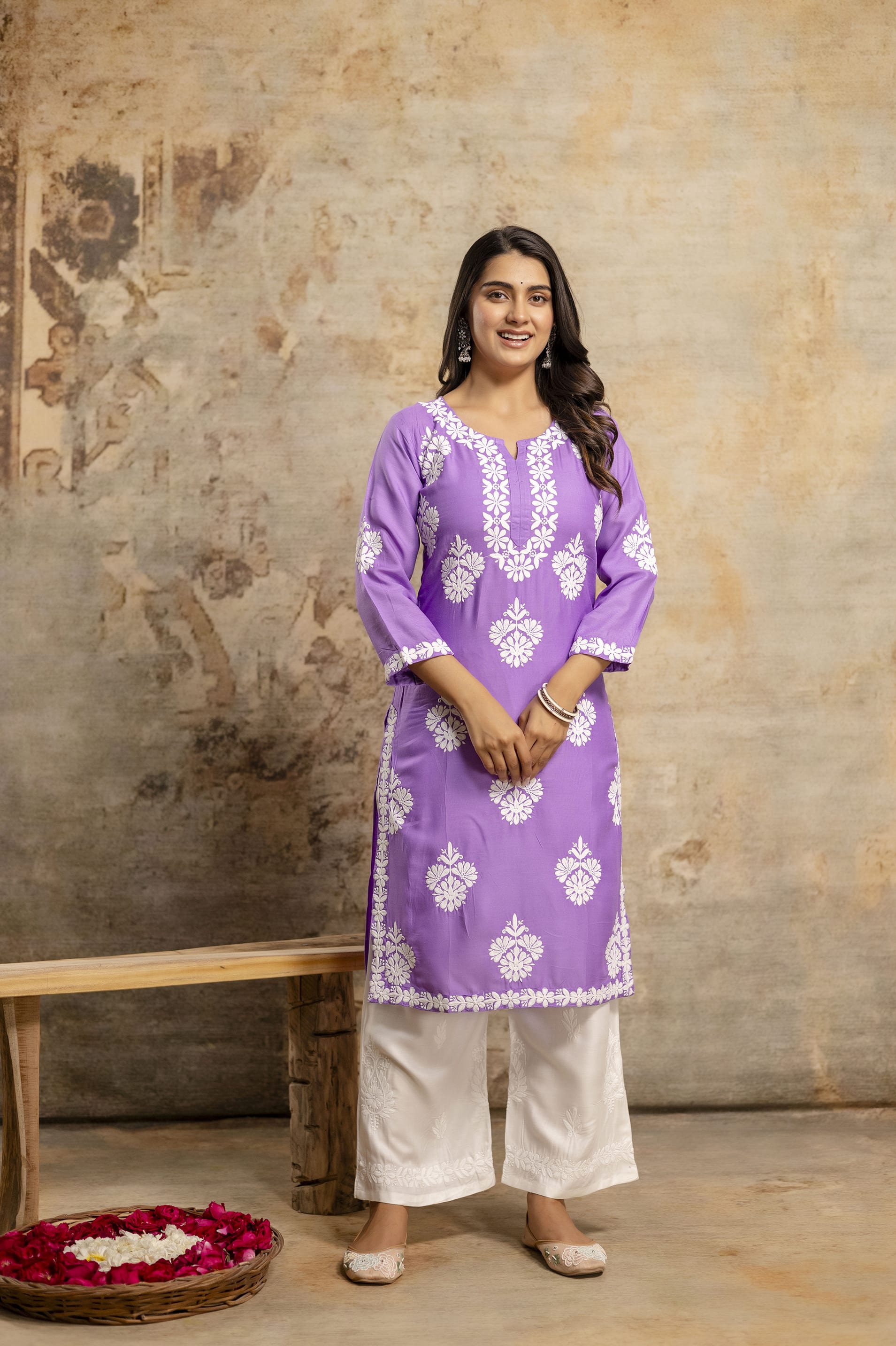 LIGHT PURPLE Floral Embroidered Round Neck Chikankari Straight Kurta with Palazzos