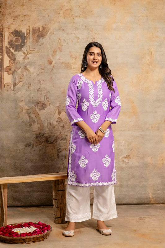 LIGHT PURPLE Floral Embroidered Round Neck Chikankari Straight Kurta with Palazzos