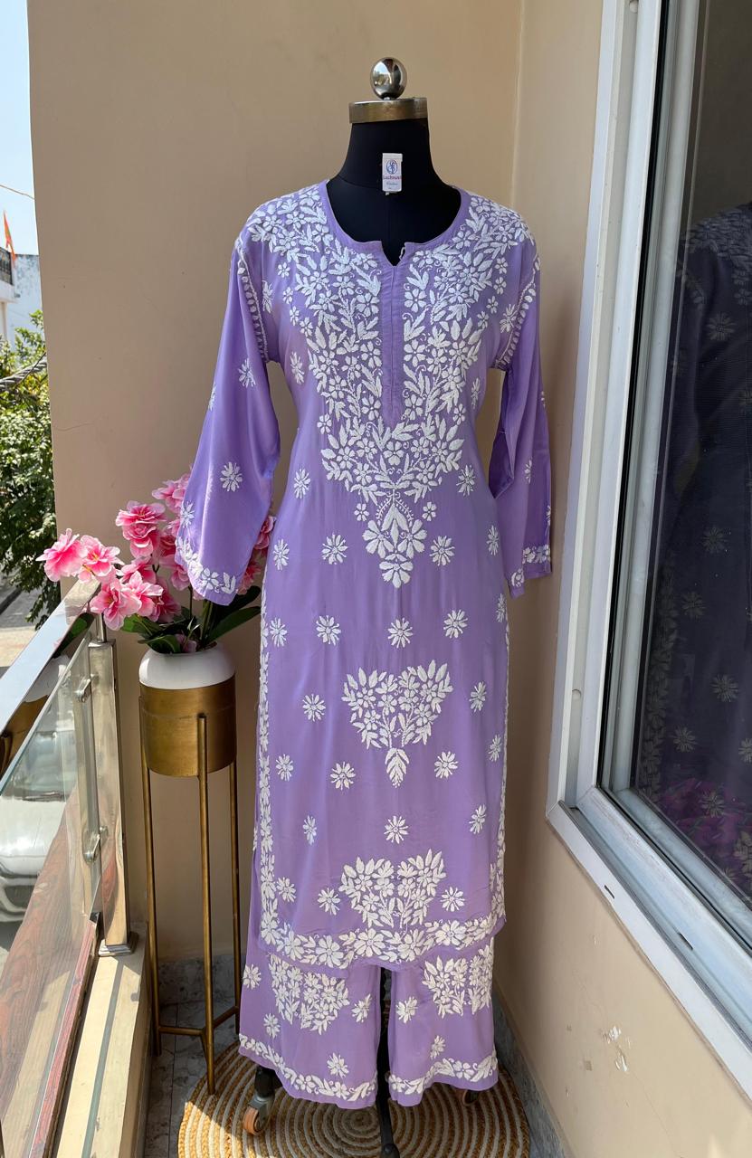 LIGHT PURPLE Long Chikankari Work Latest Rayon kurti wirh plazo set