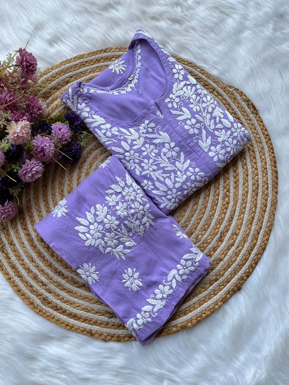 LIGHT PURPLE Long Chikankari Work Latest Rayon kurti wirh plazo set